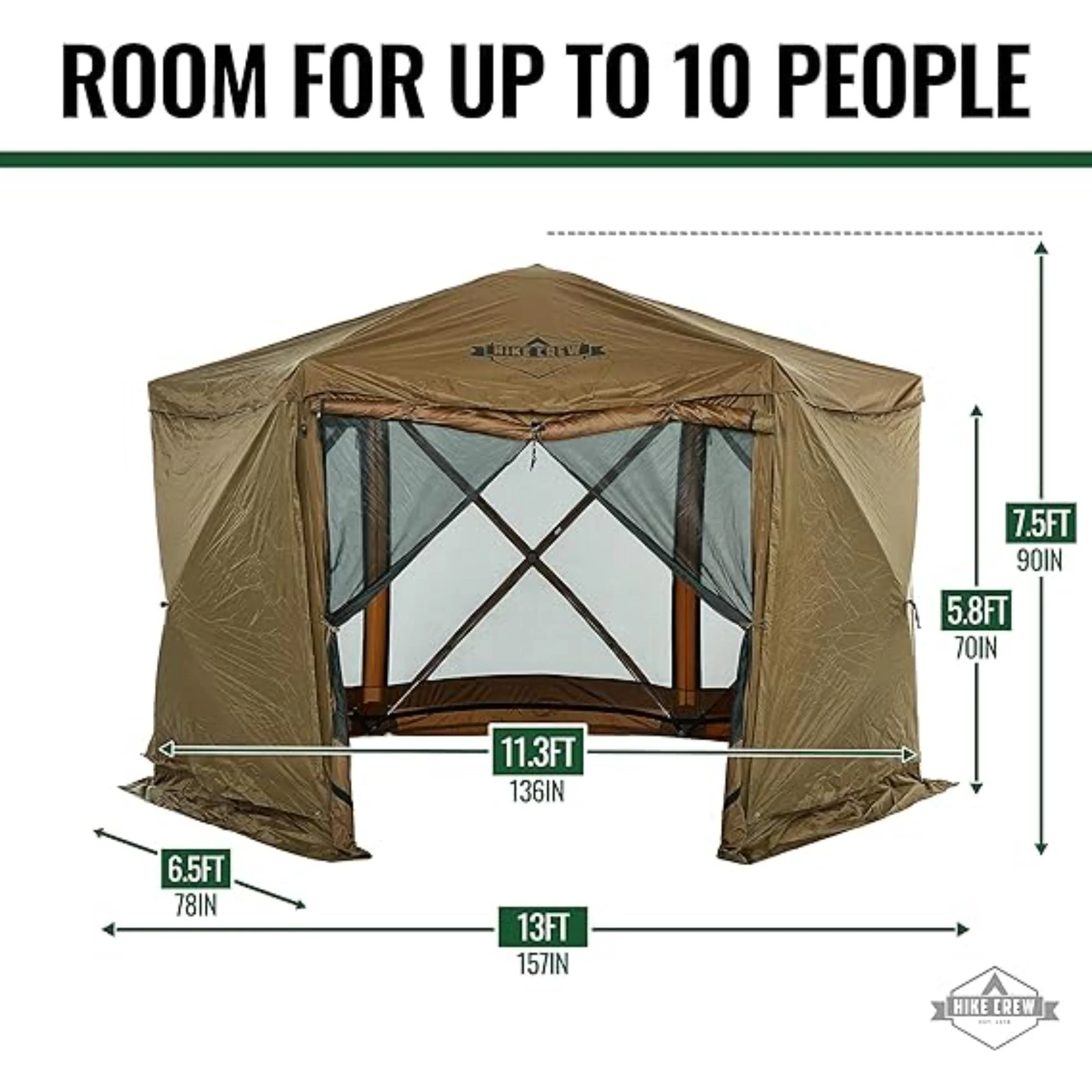 Hike Crew 13’ x 13’ Screened Roof Pop Up Gazebo Tent, 6-Side Outdoor Camping Canopy Shelter - Image 2