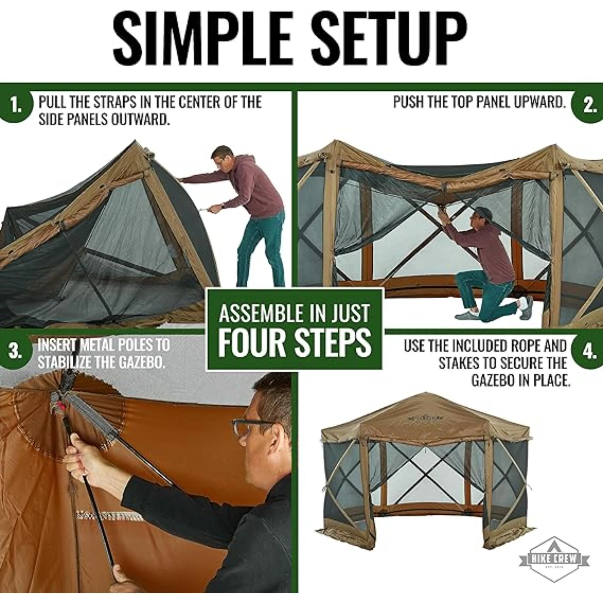 Hike Crew 13’ x 13’ Screened Roof Pop Up Gazebo Tent, 6-Side Outdoor Camping Canopy Shelter - Image 3