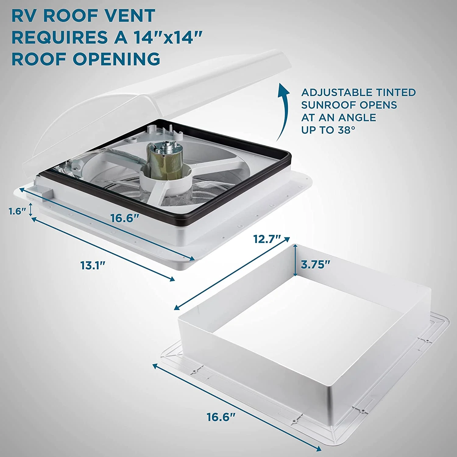 14” RV Roof Vent Fan with LED Light, 12V 6-Speed Motorhome Fan with Intake & Exhaust & Manual Open/Close - Image 2