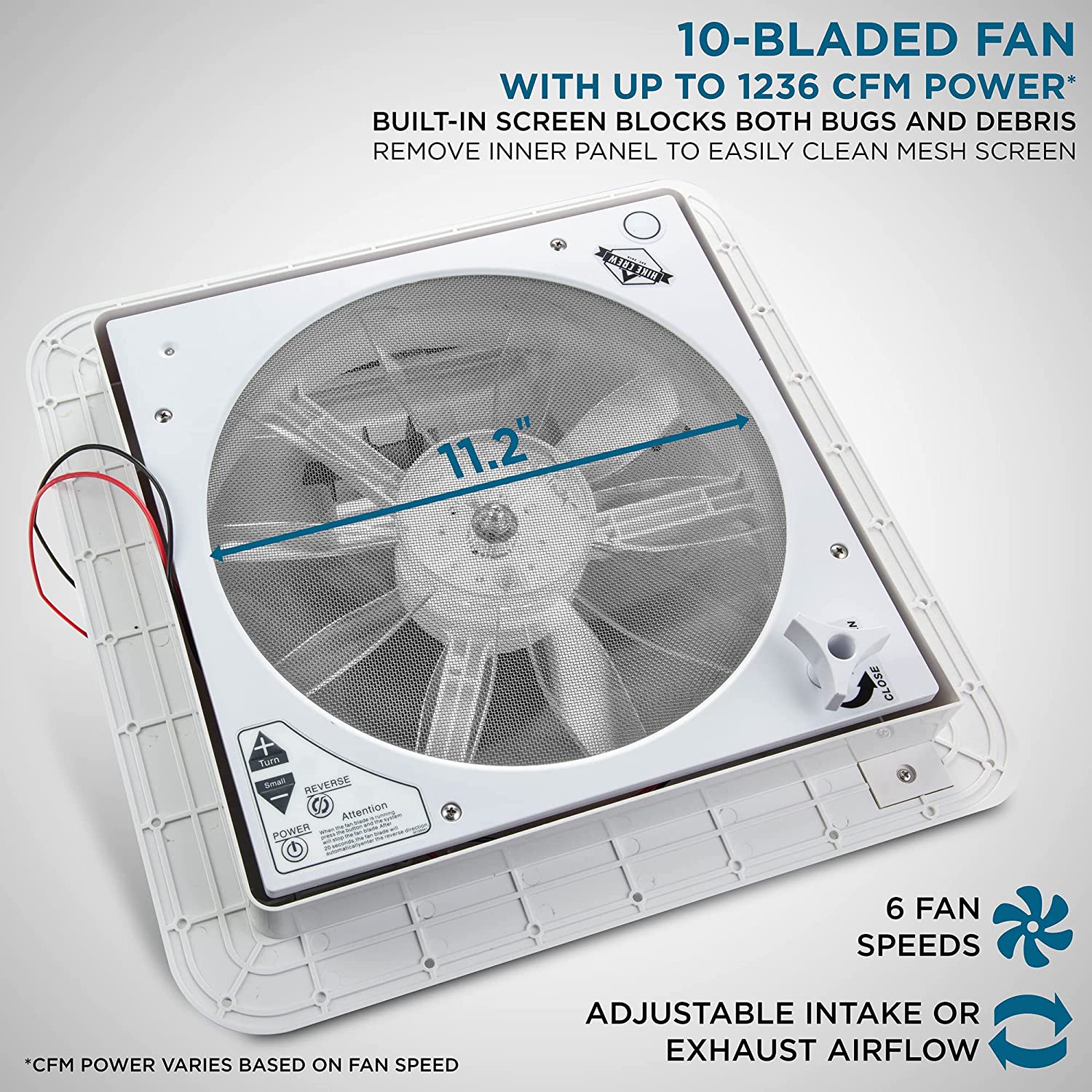 14” RV Roof Vent Fan with LED Light, 12V 6-Speed Motorhome Fan with Intake & Exhaust & Manual Open/Close - Image 4