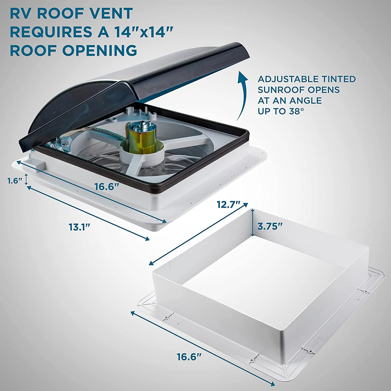 14” RV Roof Vent Fan with LED Light, 12V 6-Speed Fan with Intake & Exhaust - Smoked Lid - Image 2