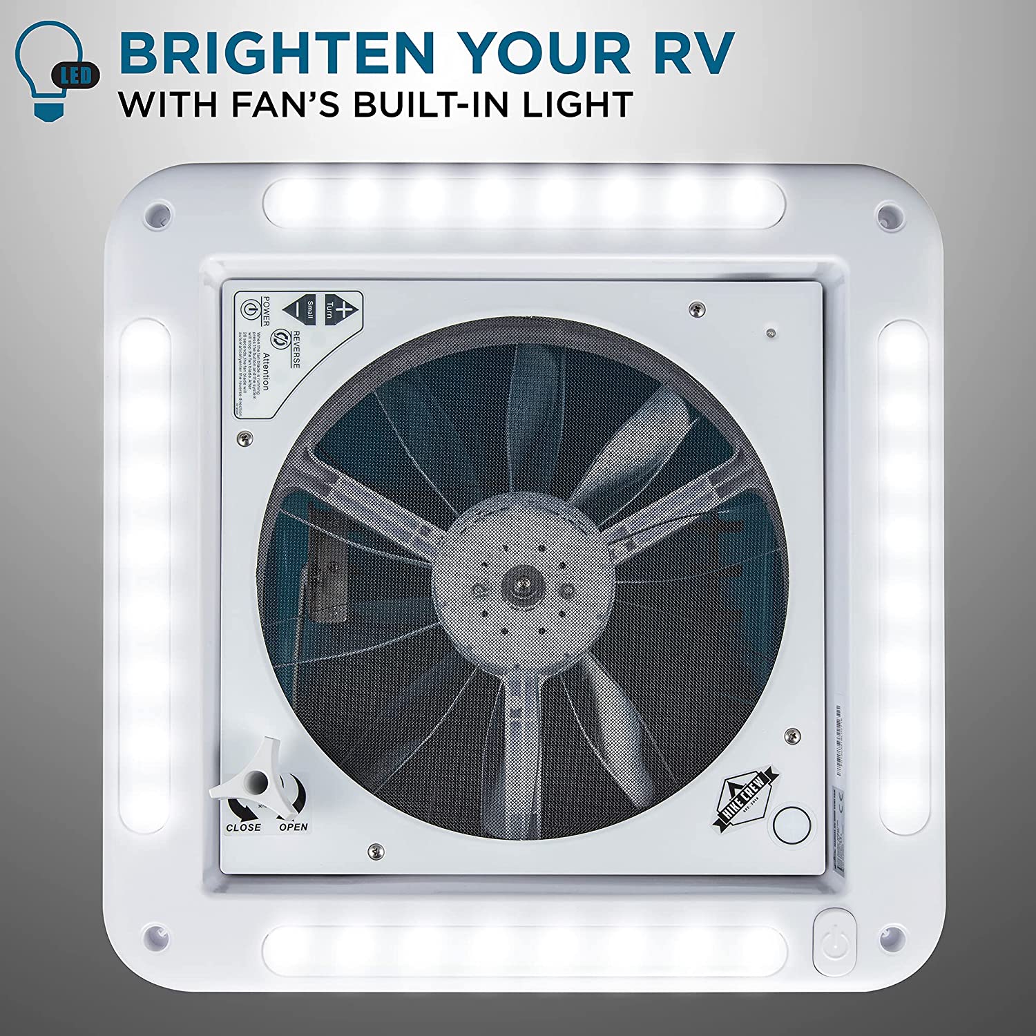 14” RV Roof Vent Fan with LED Light, 12V 6-Speed Fan with Intake & Exhaust - Smoked Lid - Image 3