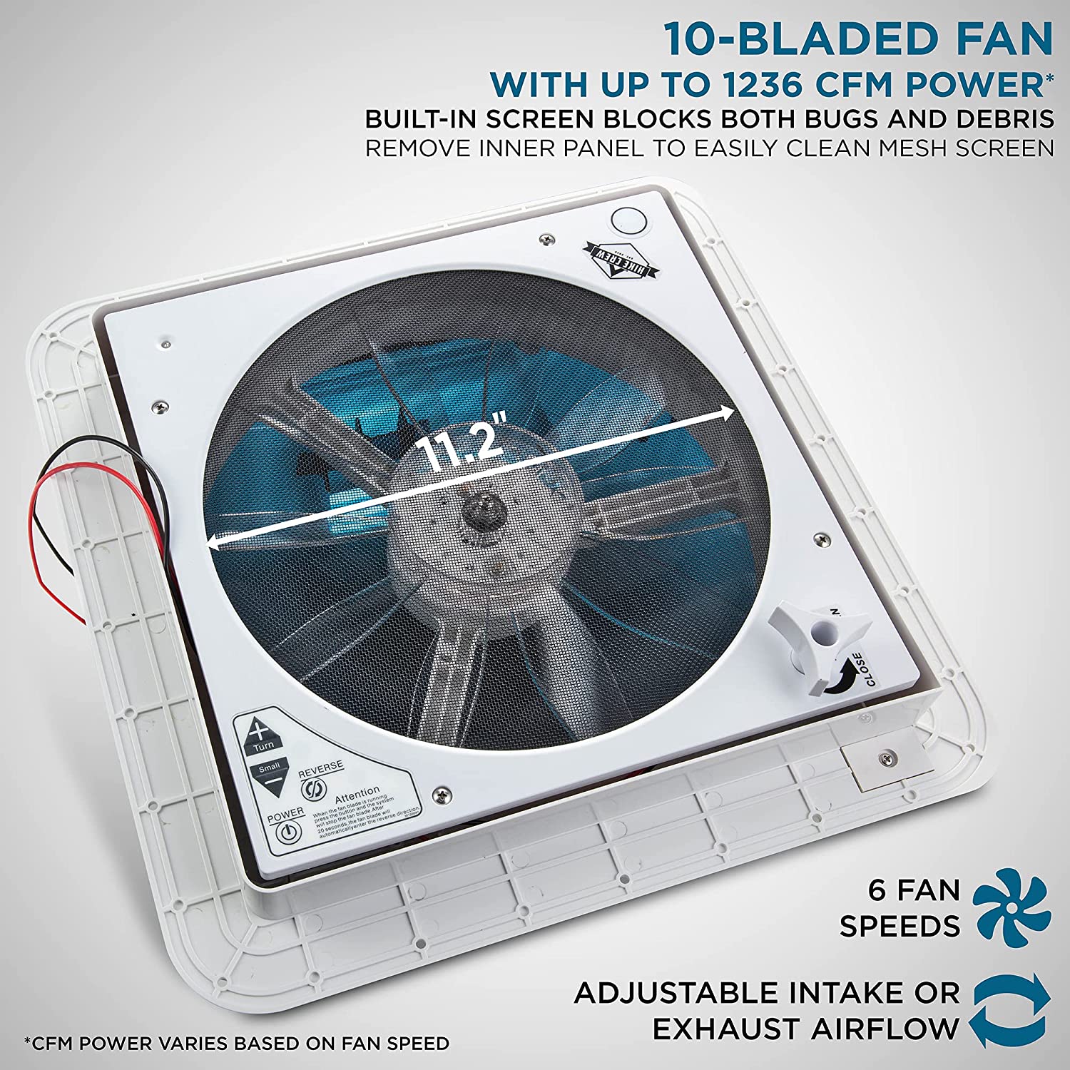 14” RV Roof Vent Fan with LED Light, 12V 6-Speed Fan with Intake & Exhaust - Smoked Lid - Image 6