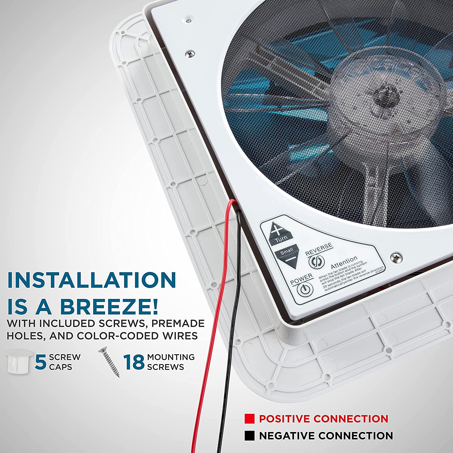 14” RV Roof Vent Fan with LED Light, 12V 6-Speed Fan with Intake & Exhaust - Smoked Lid - Image 7