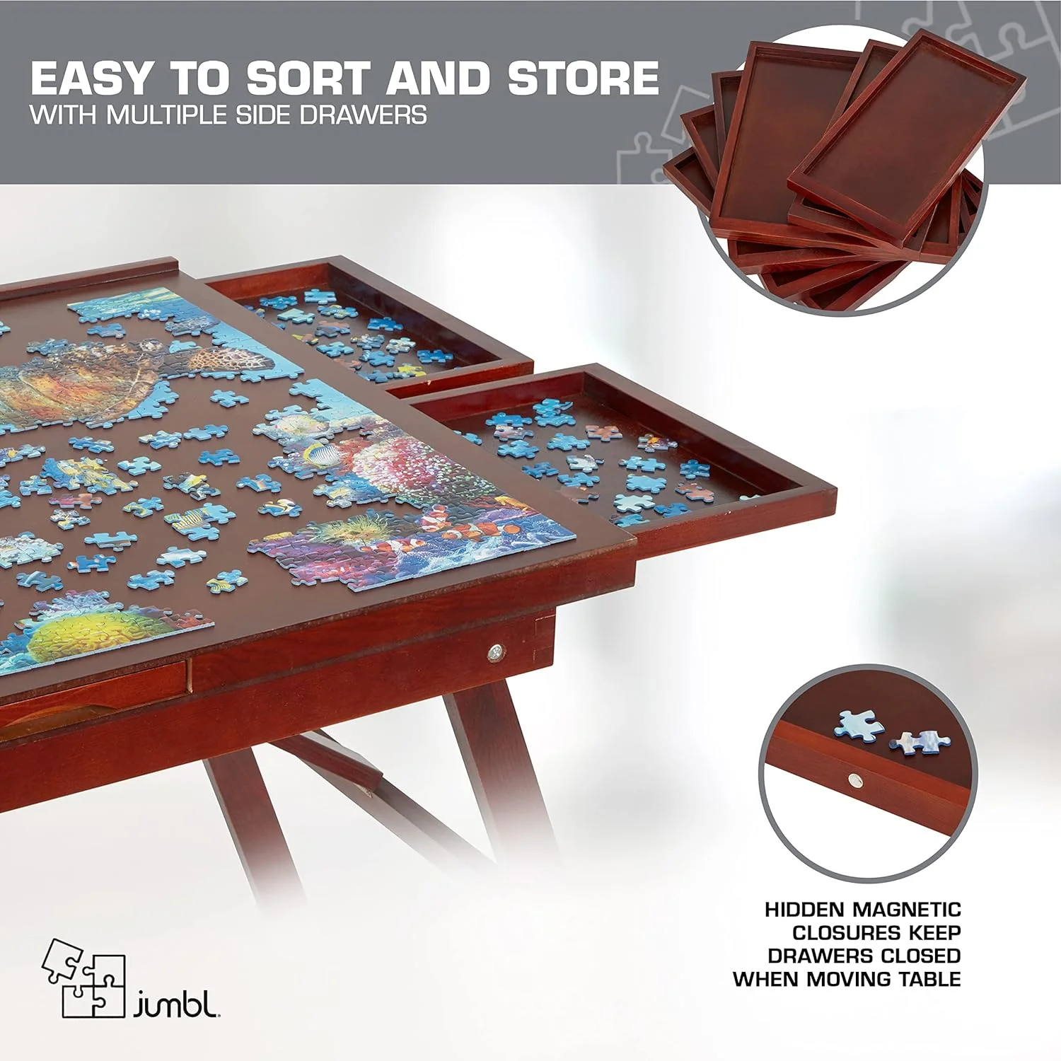 1500-Piece Puzzle Board - 27 x 35" Puzzle Table with Legs, Cover & 6 Removable Drawers - Image 4