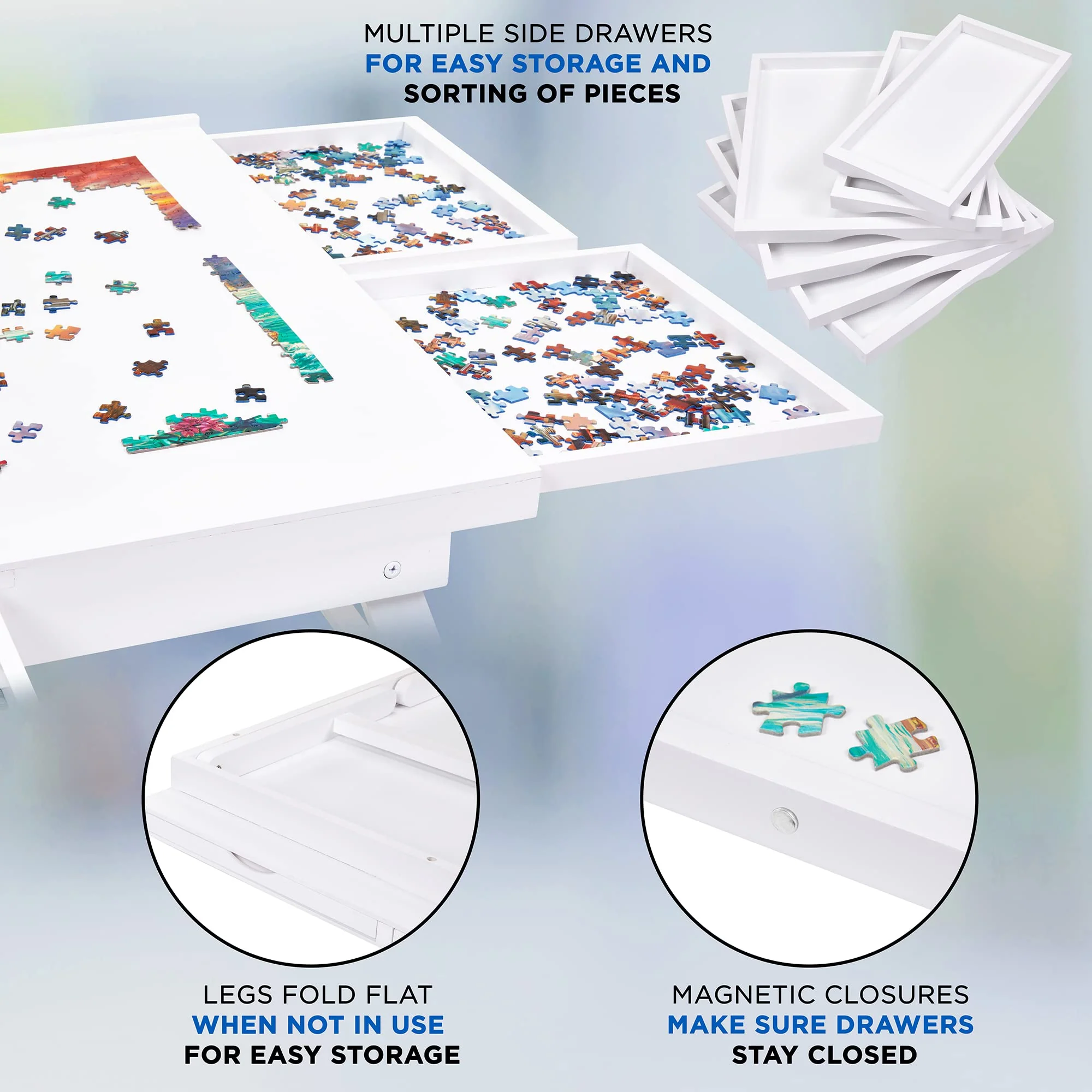 Jumbl 1500-Piece Puzzle Board - 27 x 35" Wooden Puzzle Table with 6 Removable Drawers - White - Image 6