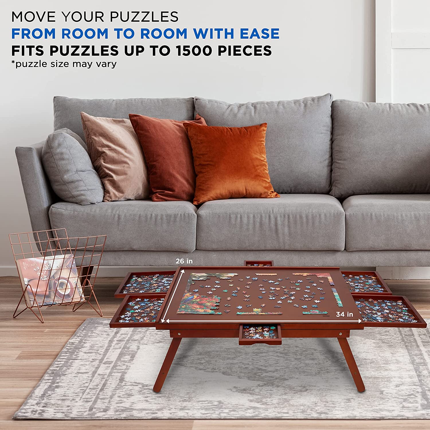 1500 Piece Puzzle Board Rack w/Mat, 27” x 35” Wooden Jigsaw Puzzle Table - Image 5