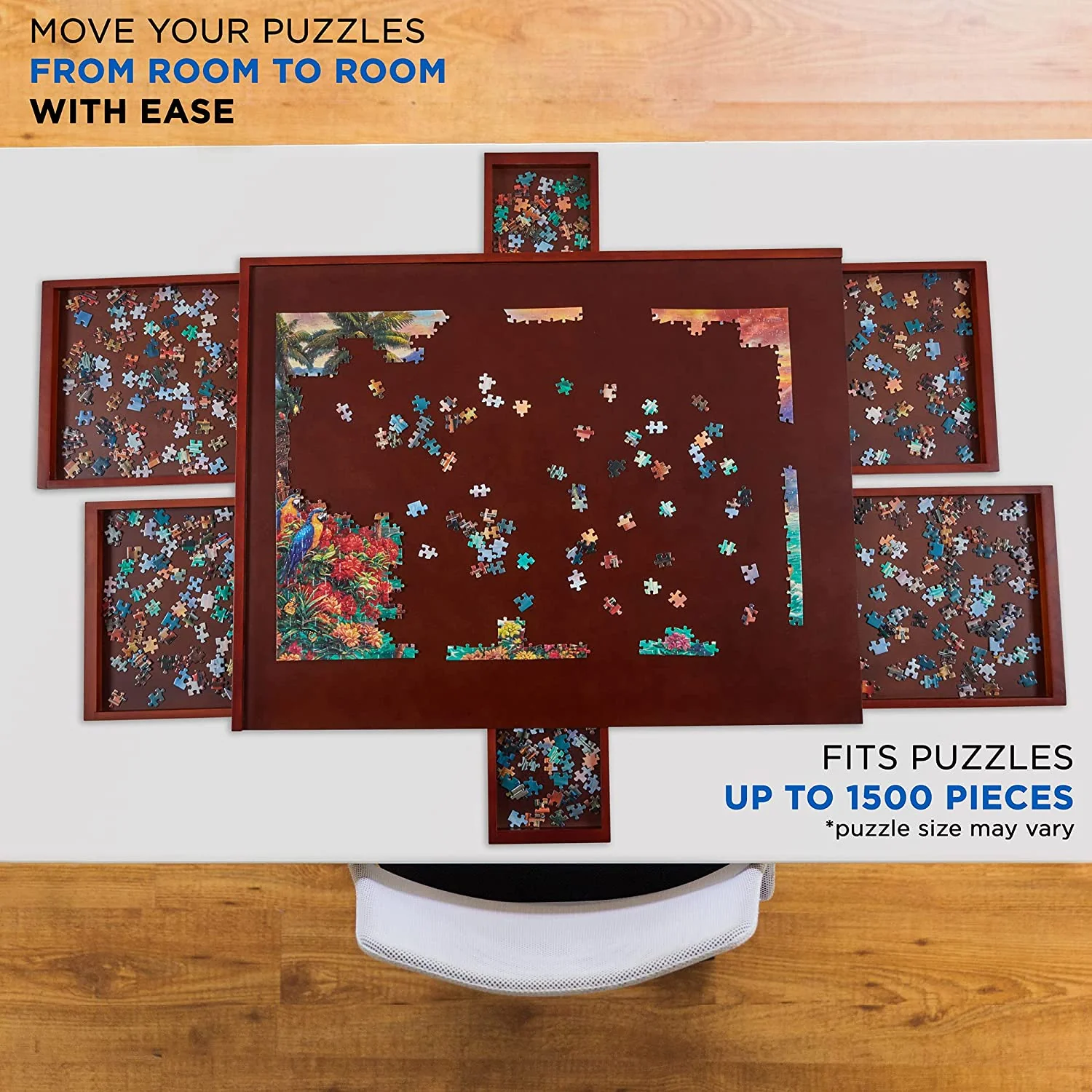 1500 Piece Puzzle Board w/Mat, 27” x 35” Wooden Jigsaw Puzzle Table w/6 Removable Storage - Image 6