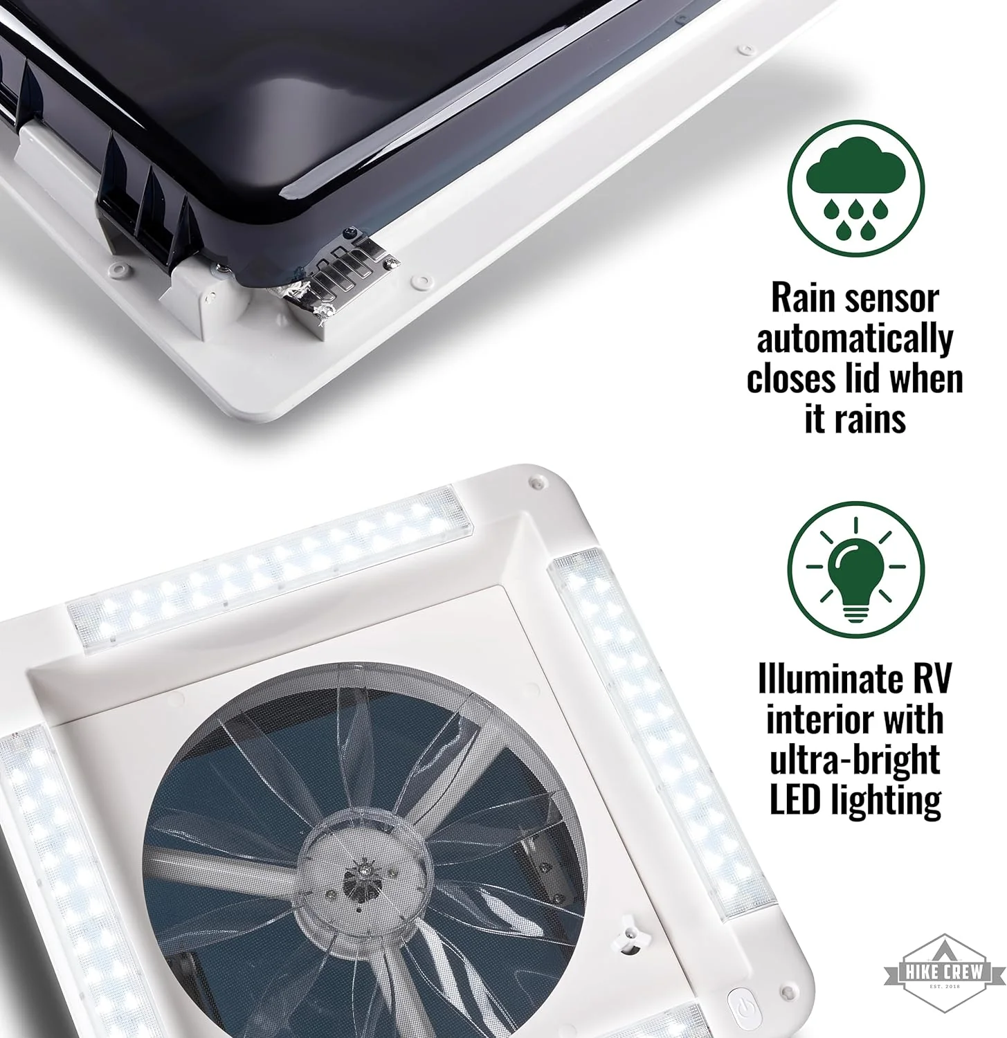 16” RV Roof Vent Fan, 12V 10-Speed RV Fan with LED Light, Rain Sensor & Remote - Image 5