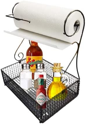 Skymall 17.5" Versatile Indoor/Outdoor Table Top Metal Paper Towel Holder with Basket