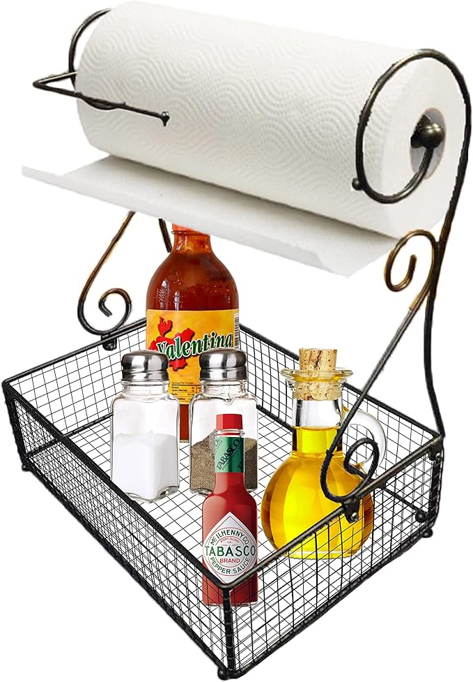 Skymall 17.5" Versatile Indoor/Outdoor Table Top Metal Paper Towel Holder with Basket - Image 3