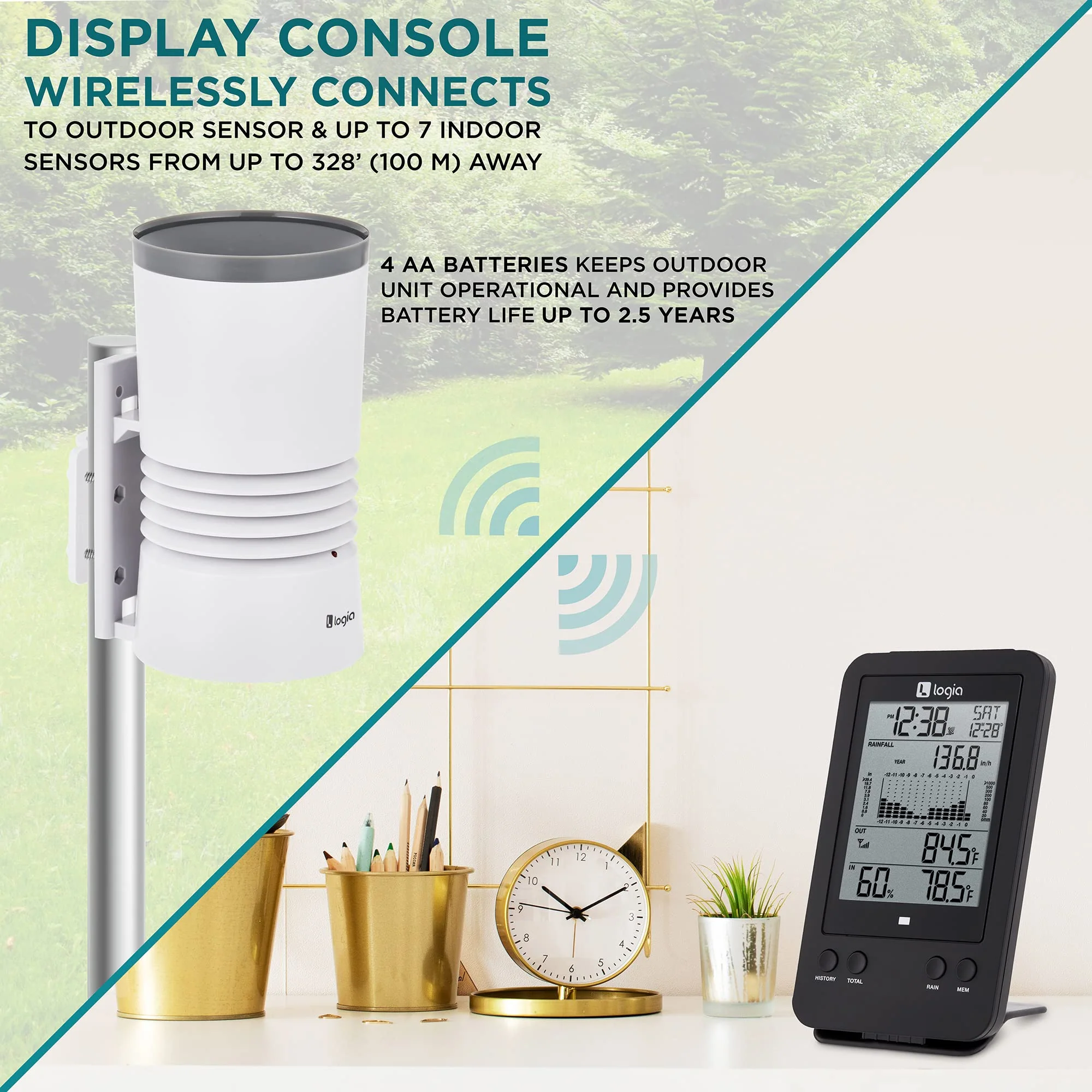 Logia 3-in-1 Rain Gauge Weather Station with Temperature & Humidity, Indoor/Outdoor Weather Station - Image 2