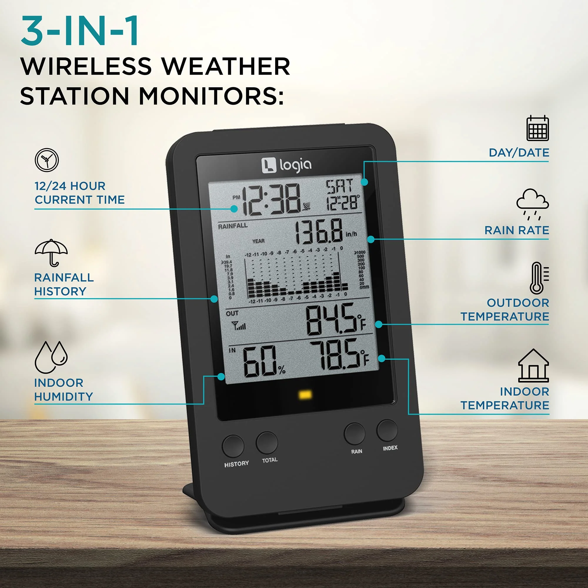 Logia 3-in-1 Rain Gauge Weather Station with Temperature & Humidity, Indoor/Outdoor Weather Station - Image 3