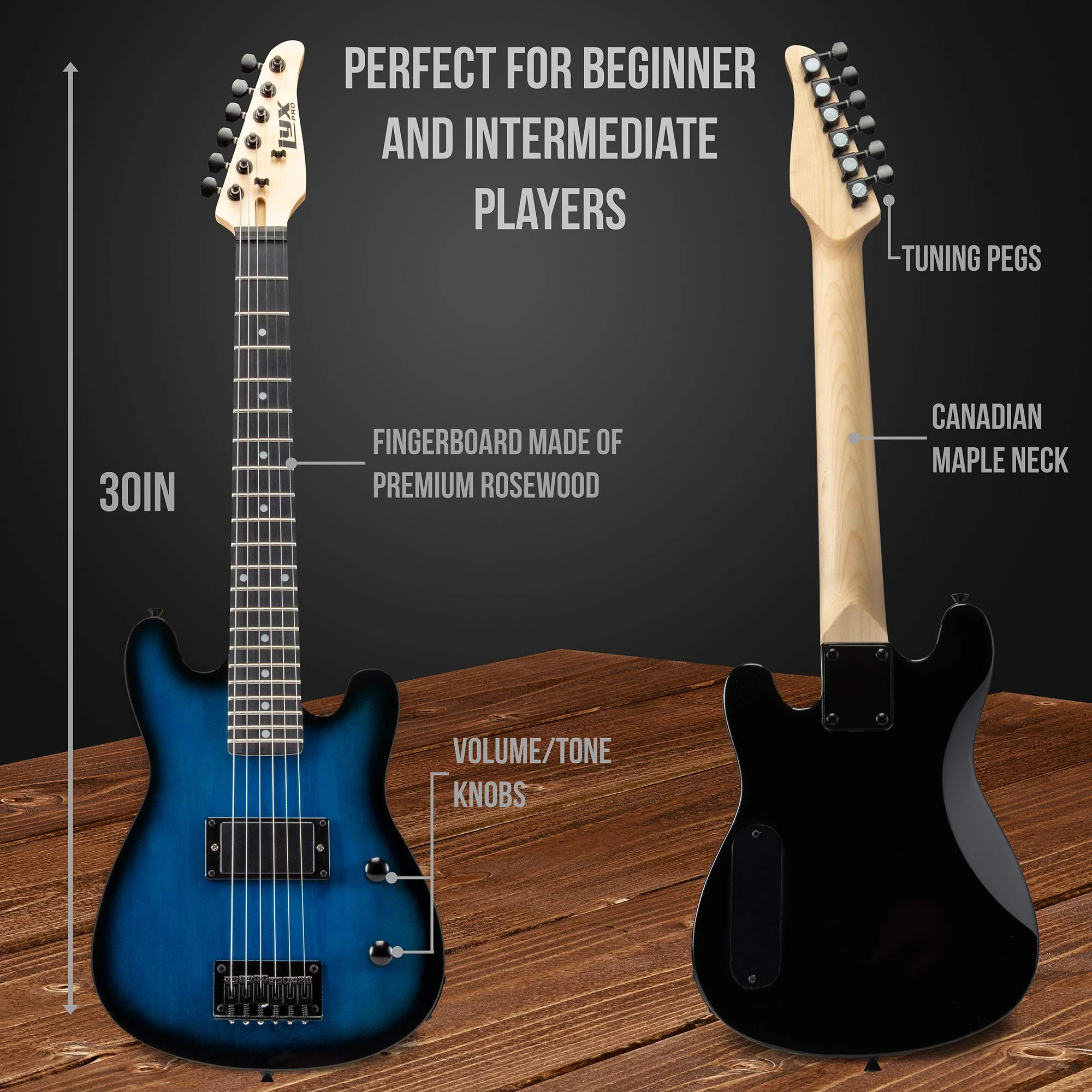 30” Electric Guitar & Electric Guitar Accessories With Amp for Kids, Blue - Image 3