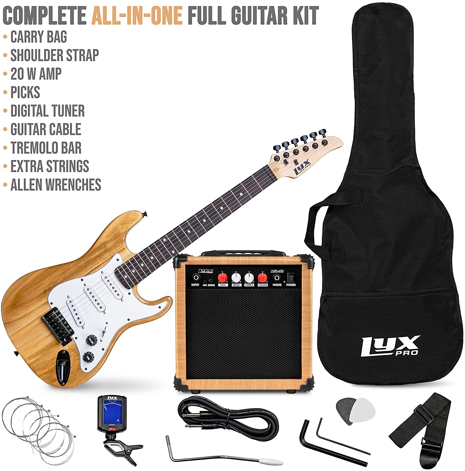 36 Inch Electric Guitar and Kit for Kids with 3/4 Size Beginner’s Guitar, Amp, Six Strings, Two Picks, Shoulder Strap, Digital Clip On Tuner, Guitar Cable and Soft Case Gig Bag -Natural - Image 2
