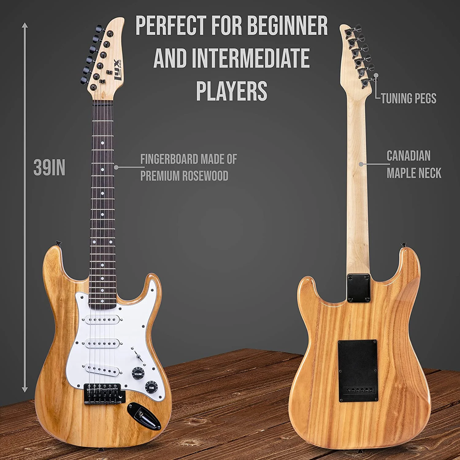 36 Inch Electric Guitar and Kit for Kids with 3/4 Size Beginner’s Guitar, Amp, Six Strings, Two Picks, Shoulder Strap, Digital Clip On Tuner, Guitar Cable and Soft Case Gig Bag -Natural - Image 3