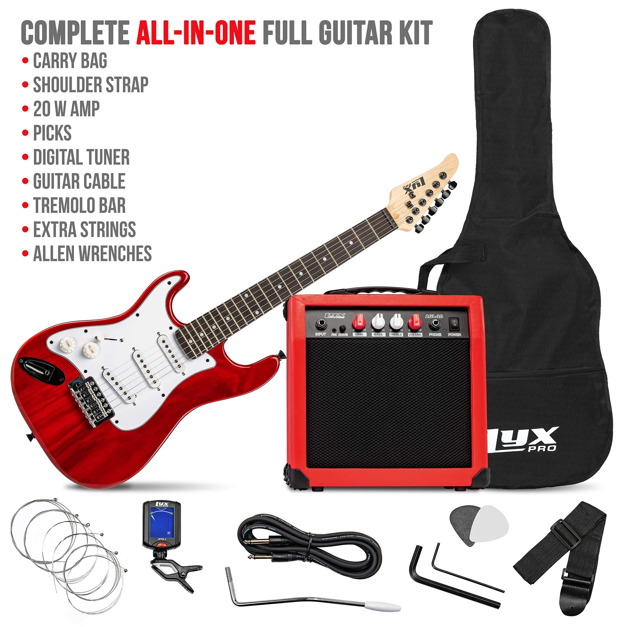 36" Left Handed Electric Guitar Kit for Beginners with 20 Watt AMP - Red - Image 2