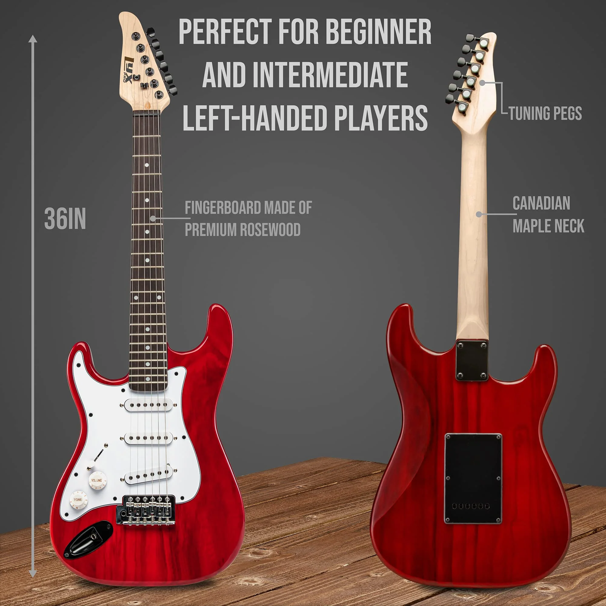 36" Left Handed Electric Guitar Kit for Beginners with 20 Watt AMP - Red - Image 3