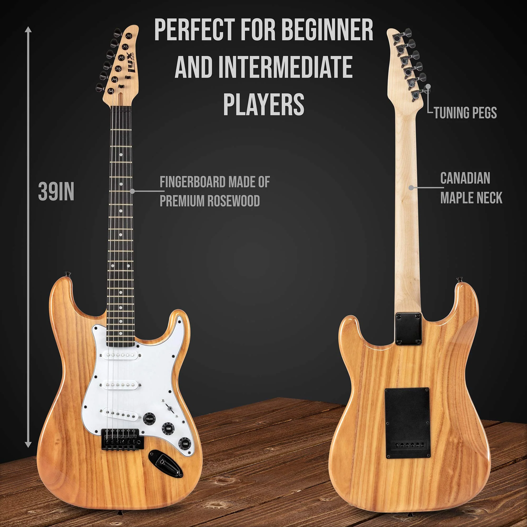 Beginner 39” Electric Guitar Kit & Starter Set Accessories - Natural - Image 3