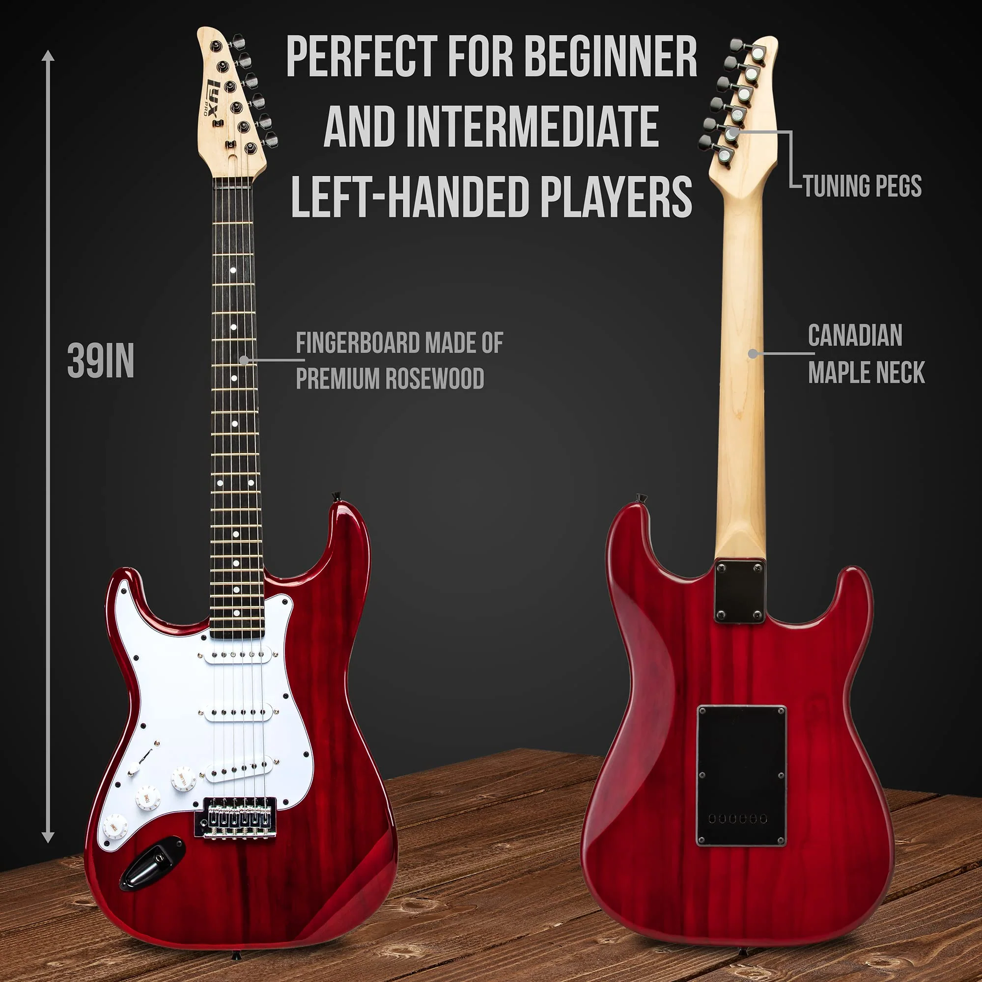 39” Left Handed Stratocaster CS Series Electric Guitar & Electric Guitar Accessories - Red - Image 3