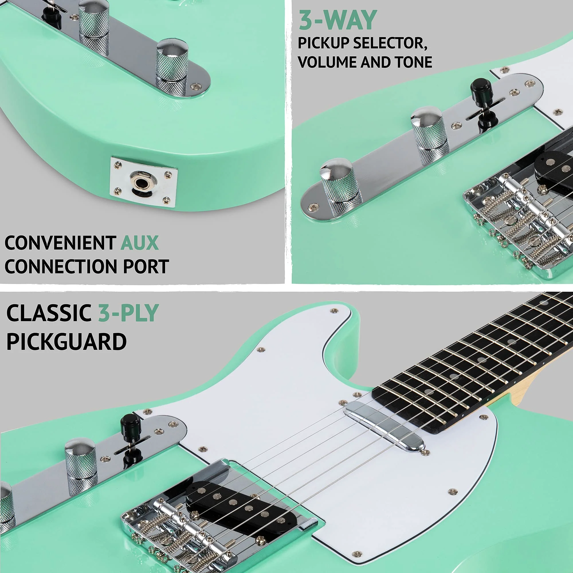 39" Left Handed Telecaster Electric Guitar, Full-Size Paulownia Body - Green - Image 4