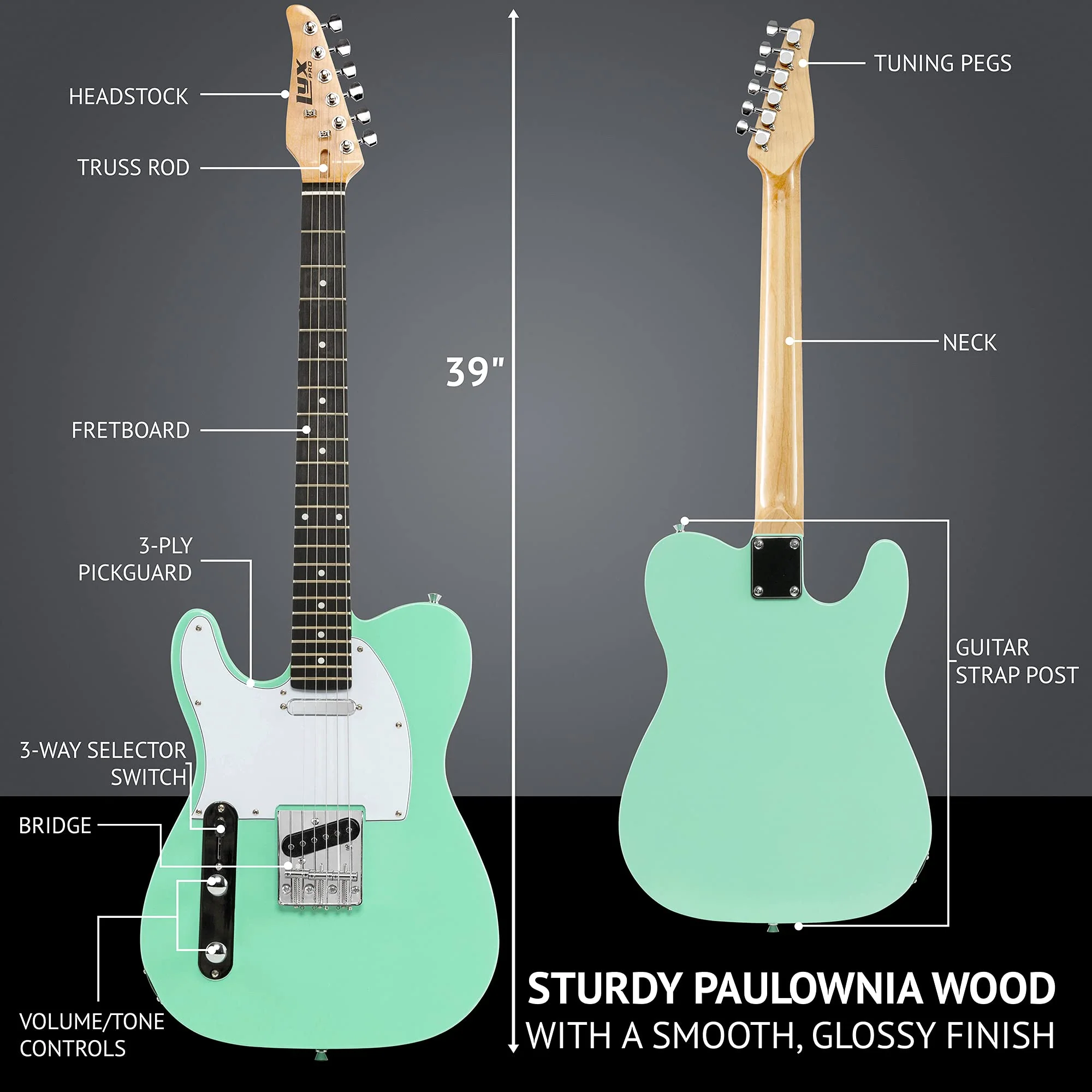 39" Left Handed Telecaster Electric Guitar, Full-Size Paulownia Body - Green - Image 7
