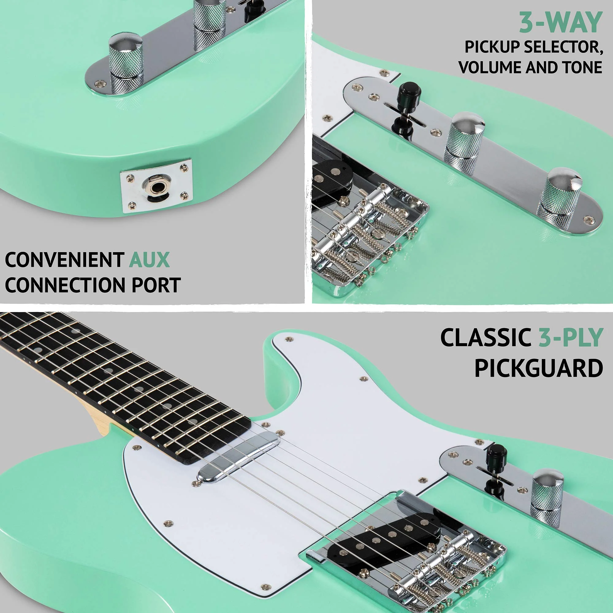 39" Right Handed Telecaster Electric Guitar, Full-Size Paulownia Body - Green - Image 3