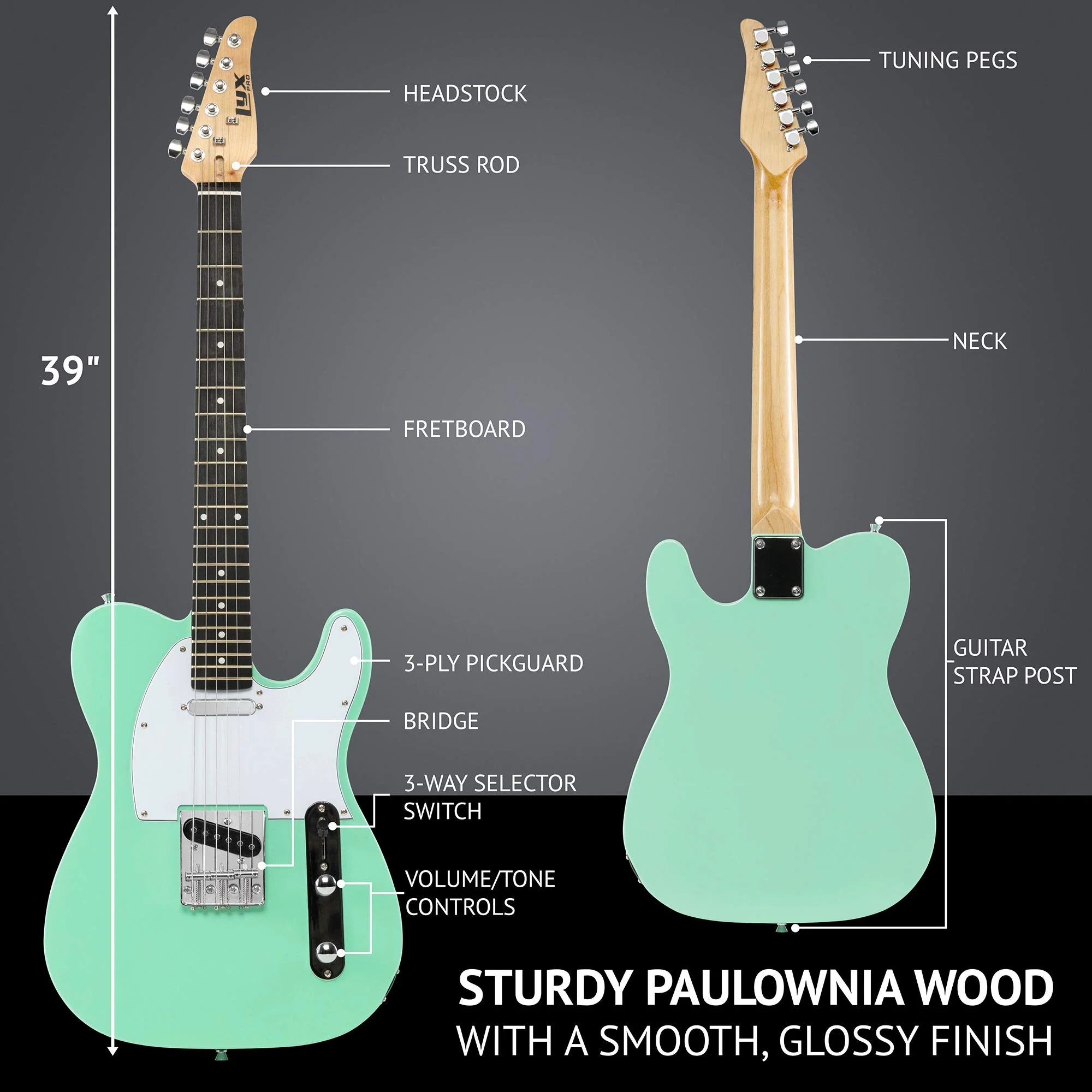 39" Right Handed Telecaster Electric Guitar, Full-Size Paulownia Body - Green - Image 5