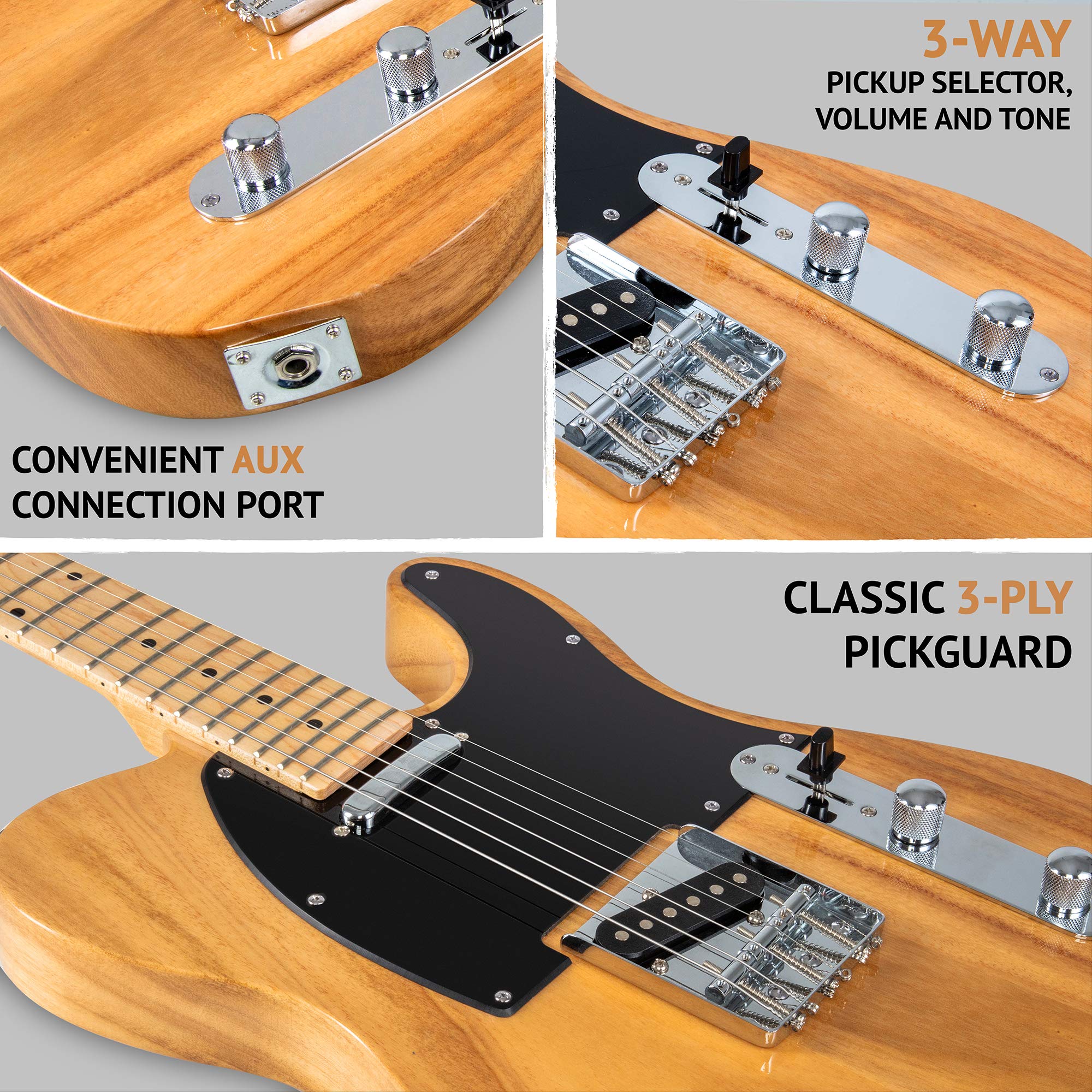 39" Telecaster Electric Guitar, Full-Size Paulownia Body - Natural - Image 4