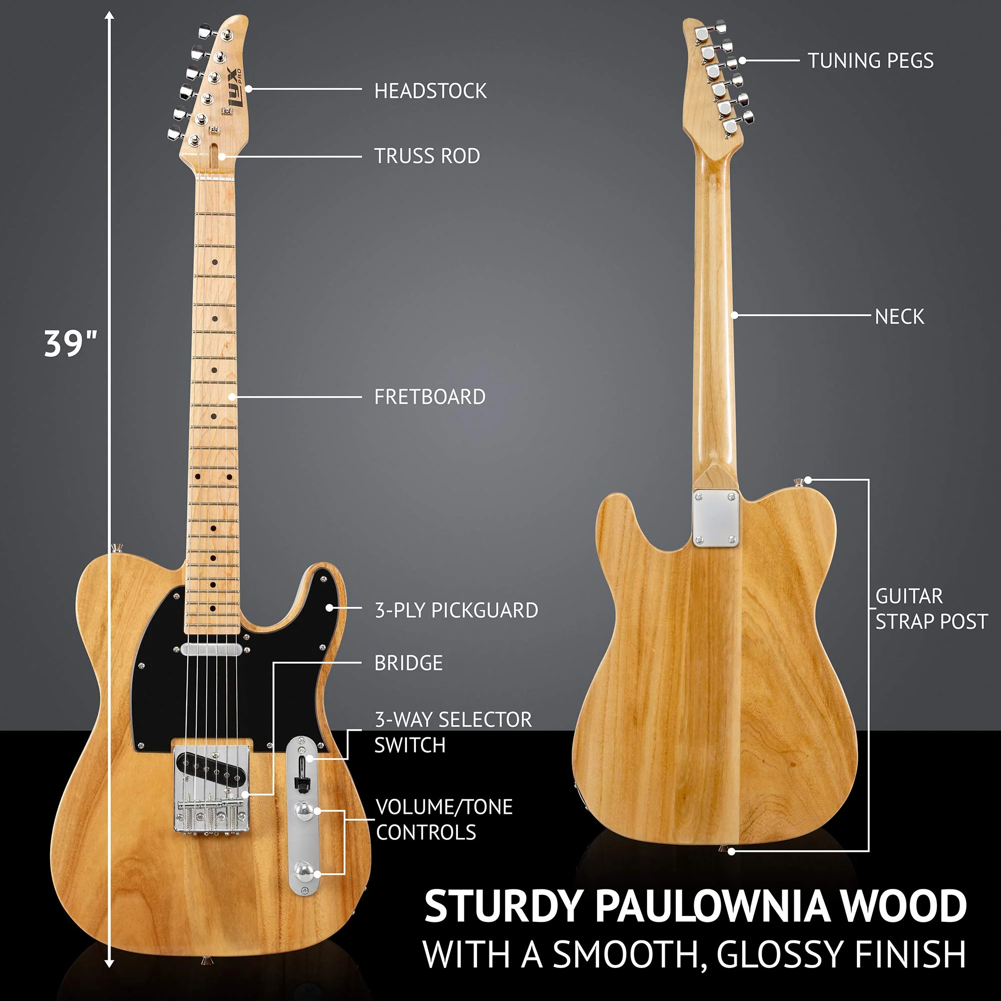39" Telecaster Electric Guitar, Full-Size Paulownia Body - Natural - Image 6