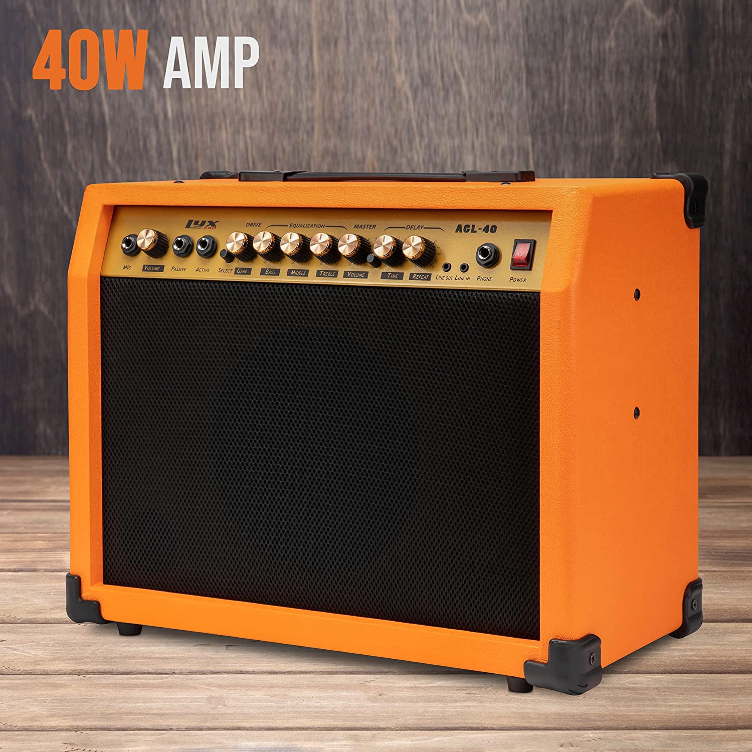 40 Watt Electric Guitar Amplifier | Combo Solid State Studio & Stage Amp with 8” 4-Ohm Speaker, Custom EQ Controls, Drive, Delay, ¼” Passive/Active/Microphone Inputs, Aux In & Headphone Jack - Image 23