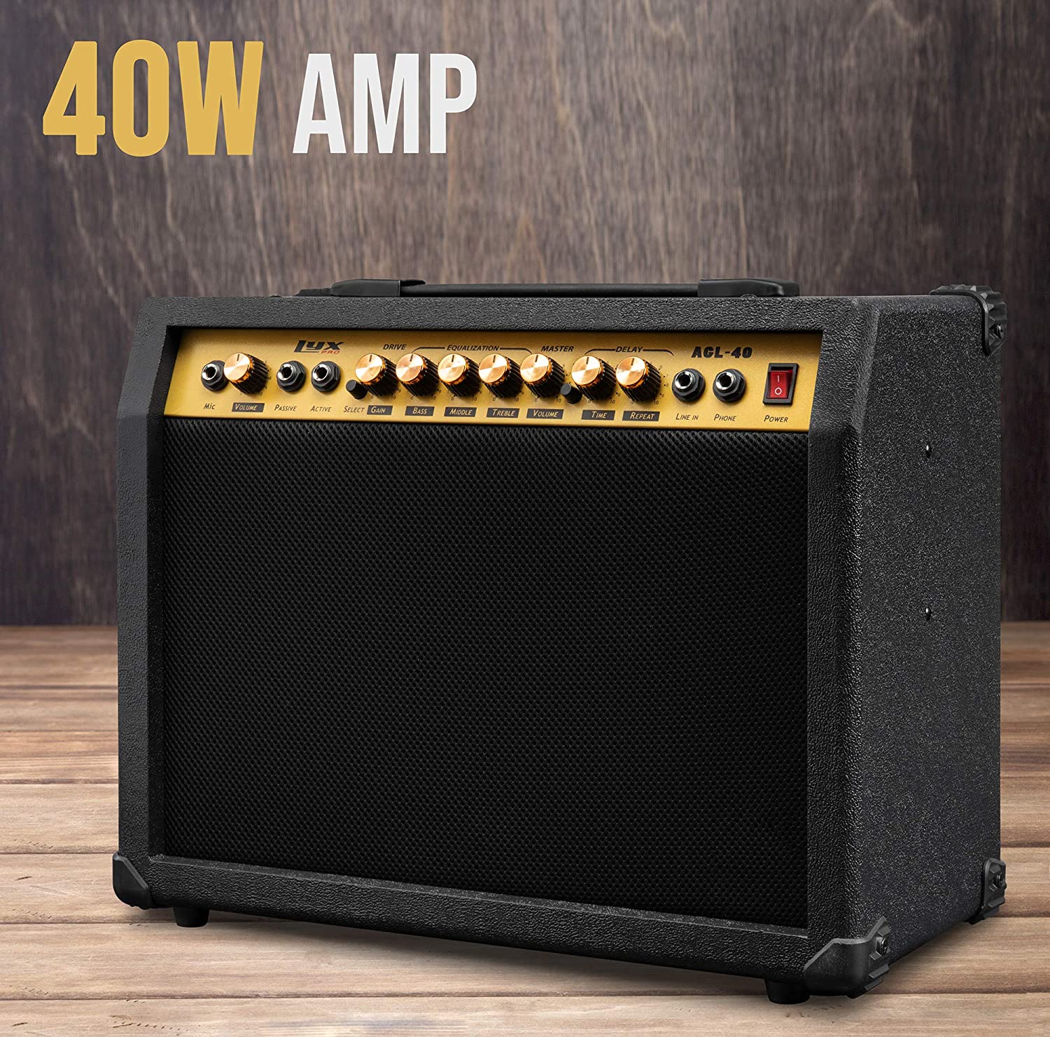 40 Watt Electric Guitar Amplifier | Combo Solid State Studio & Stage Amp with 8” 4-Ohm Speaker, Custom EQ Controls, Drive, Delay, ¼” Passive/Active/Microphone Inputs, Aux In & Headphone Jack - Image 3
