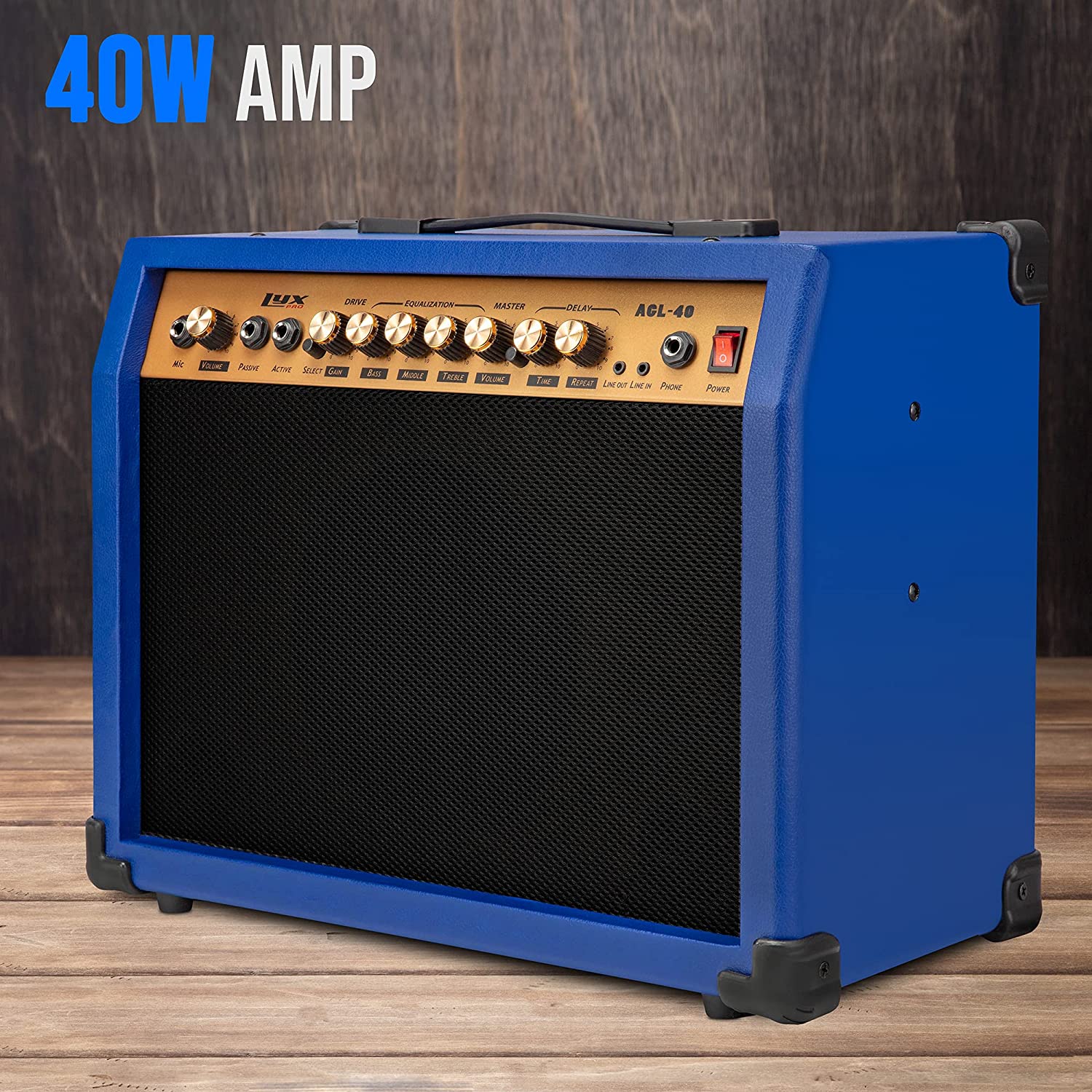 40 Watt Electric Guitar Amplifier | Combo Solid State Studio & Stage Amp with 8” 4-Ohm Speaker, Custom EQ Controls, Drive, Delay, ¼” Passive/Active/Microphone Inputs, Aux In & Headphone Jack - Image 8