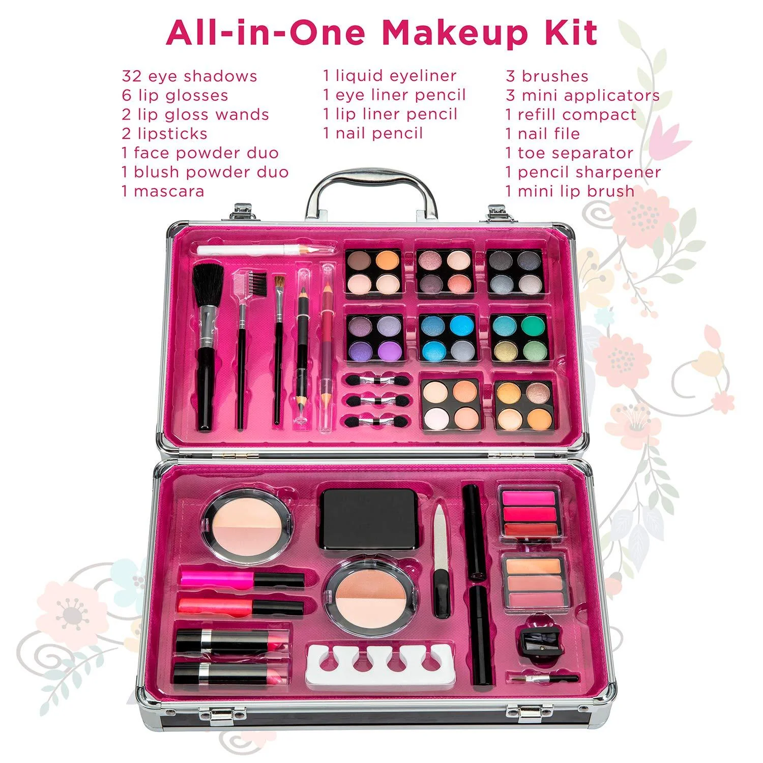 Makeup Kit Set - 32 Eye Shadows 6 Lip Glosses 2 Lip Gloss Wands & More - Case with Carrying Handle - Image 3