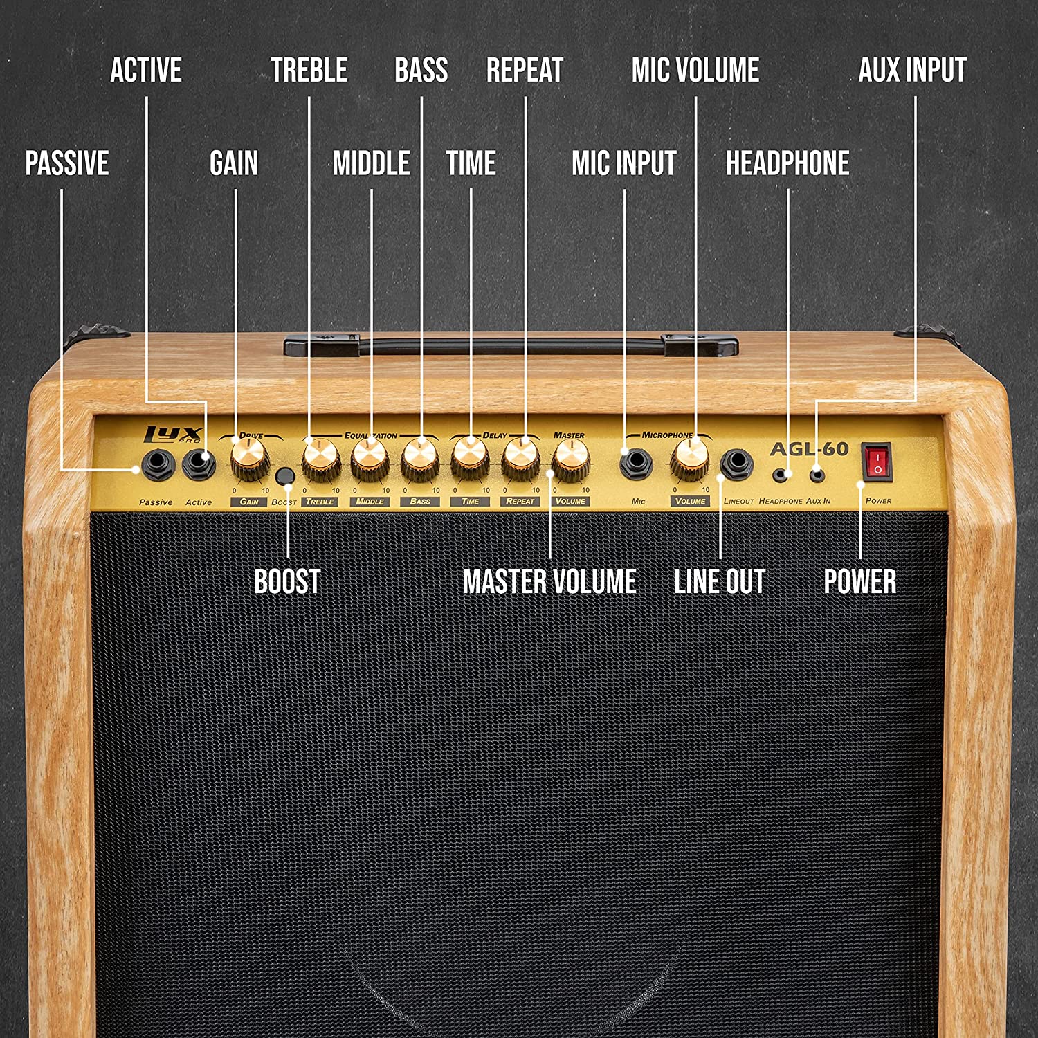 60 Watt Electric Guitar Amplifier | Combo Solid State Studio & Stage Amp with 10” 4-Ohm Speaker, Custom EQ Controls, Drive, Delay, ¼” Passive/Active/Microphone Inputs, Aux In & Headphone Jack - Image 12