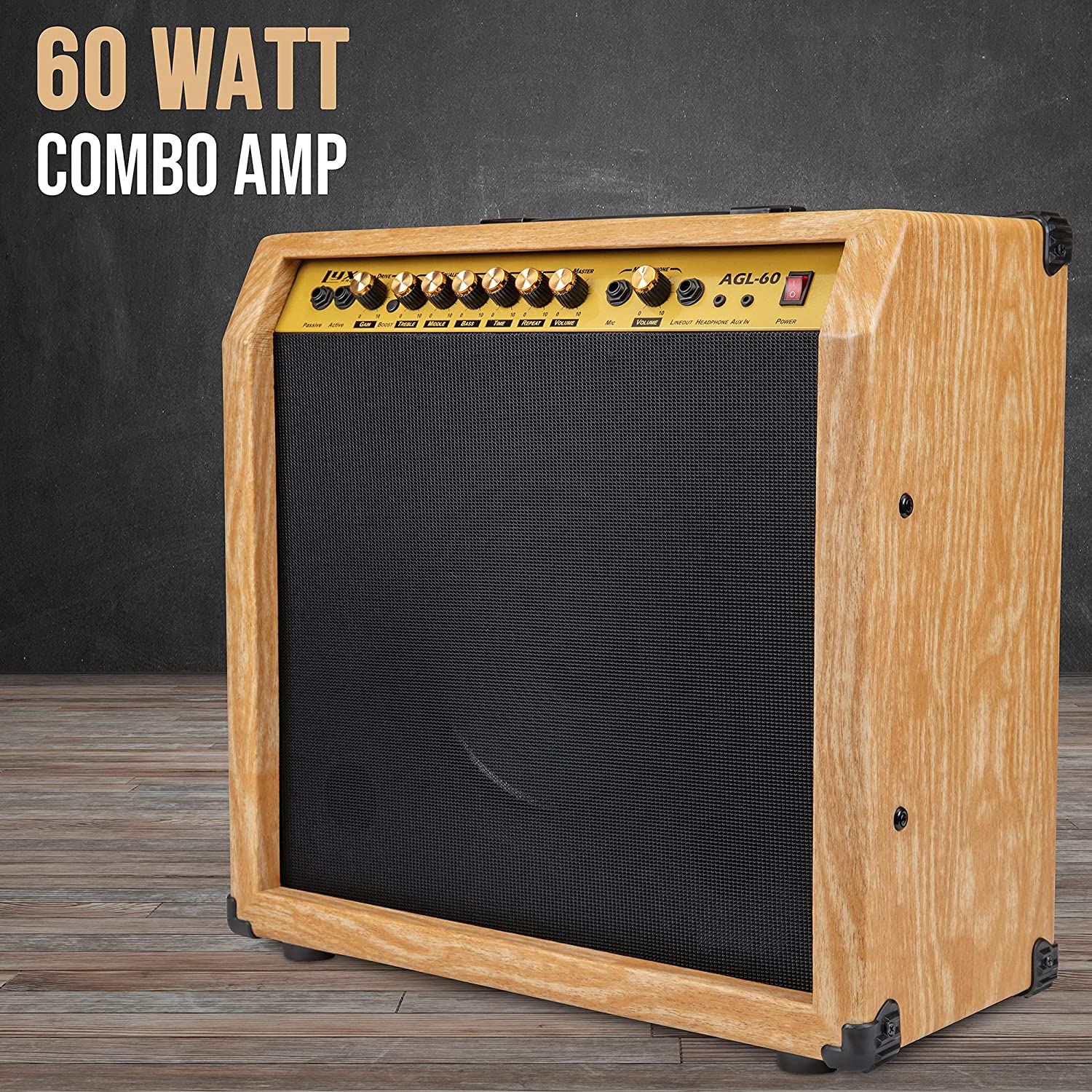 60 Watt Electric Guitar Amplifier | Combo Solid State Studio & Stage Amp with 10” 4-Ohm Speaker, Custom EQ Controls, Drive, Delay, ¼” Passive/Active/Microphone Inputs, Aux In & Headphone Jack - Image 13