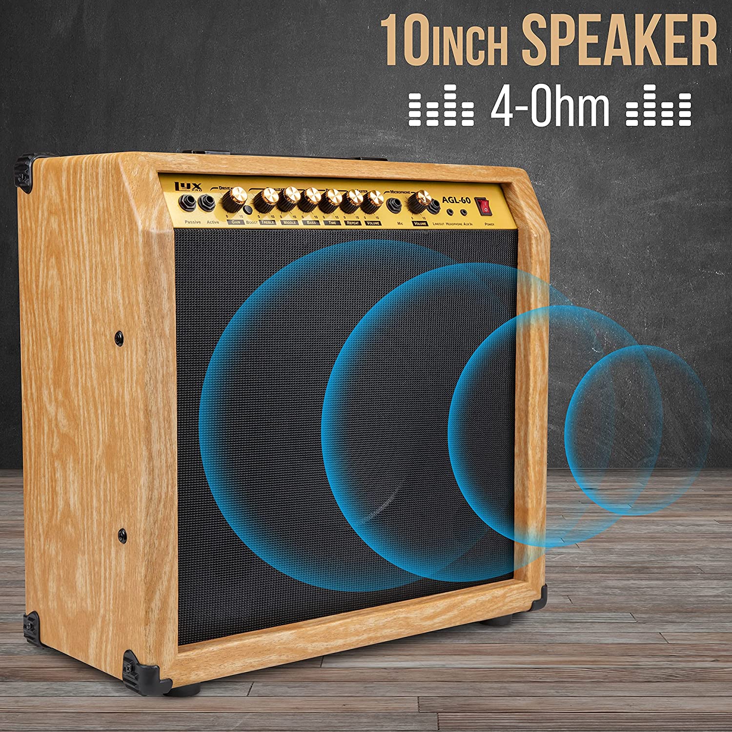 60 Watt Electric Guitar Amplifier | Combo Solid State Studio & Stage Amp with 10” 4-Ohm Speaker, Custom EQ Controls, Drive, Delay, ¼” Passive/Active/Microphone Inputs, Aux In & Headphone Jack - Image 14