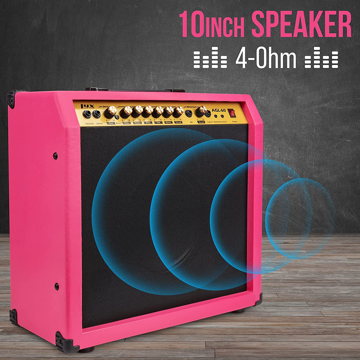 60 Watt Electric Guitar Amplifier | Combo Solid State Studio & Stage Amp with 10” 4-Ohm Speaker, Custom EQ Controls, Drive, Delay, ¼” Passive/Active/Microphone Inputs, Aux In & Headphone Jack - Image 18