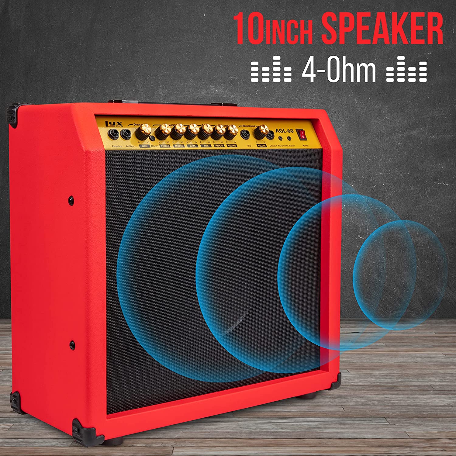 60 Watt Electric Guitar Amplifier | Combo Solid State Studio & Stage Amp with 10” 4-Ohm Speaker, Custom EQ Controls, Drive, Delay, ¼” Passive/Active/Microphone Inputs, Aux In & Headphone Jack - Image 23
