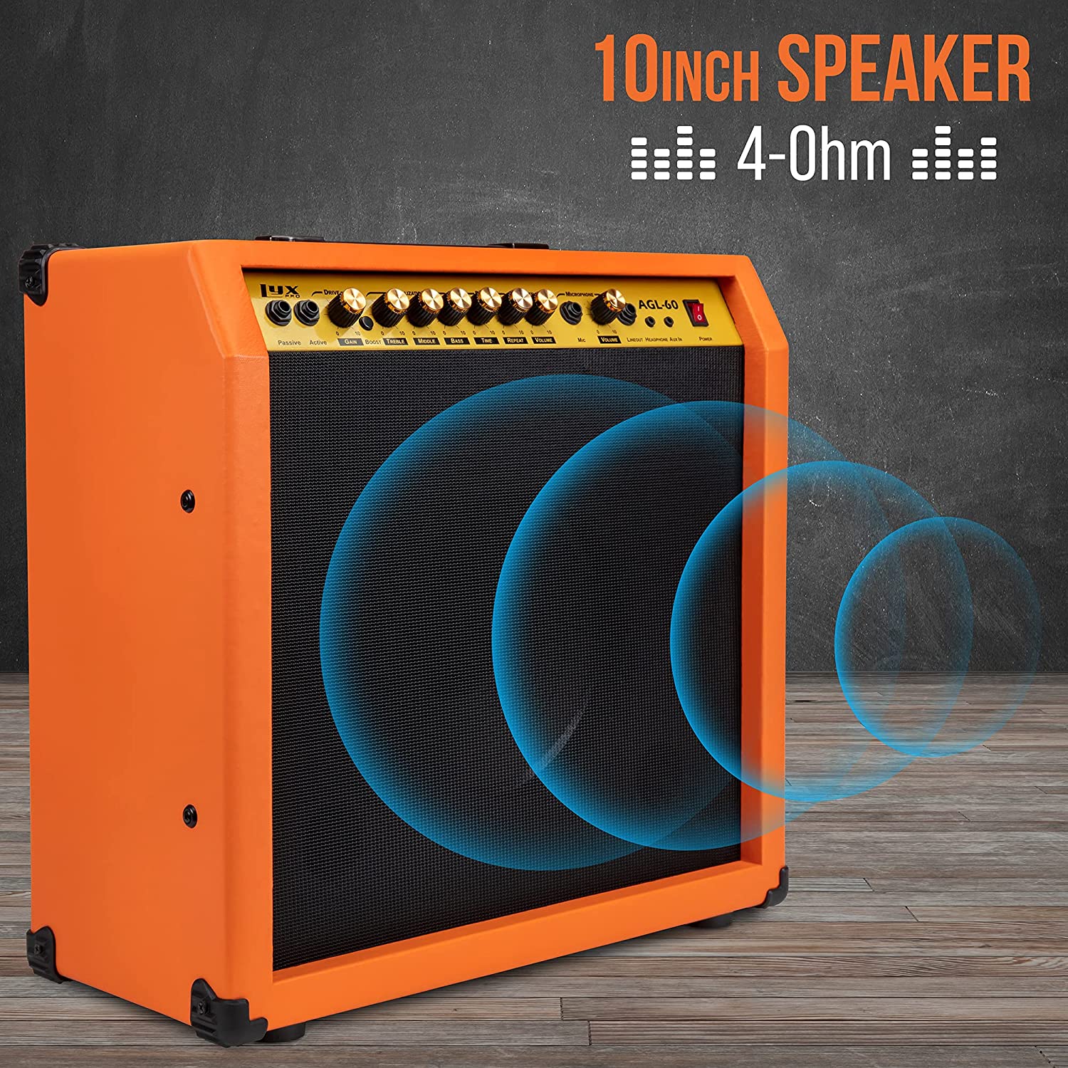 60 Watt Electric Guitar Amplifier | Combo Solid State Studio & Stage Amp with 10” 4-Ohm Speaker, Custom EQ Controls, Drive, Delay, ¼” Passive/Active/Microphone Inputs, Aux In & Headphone Jack - Image 28