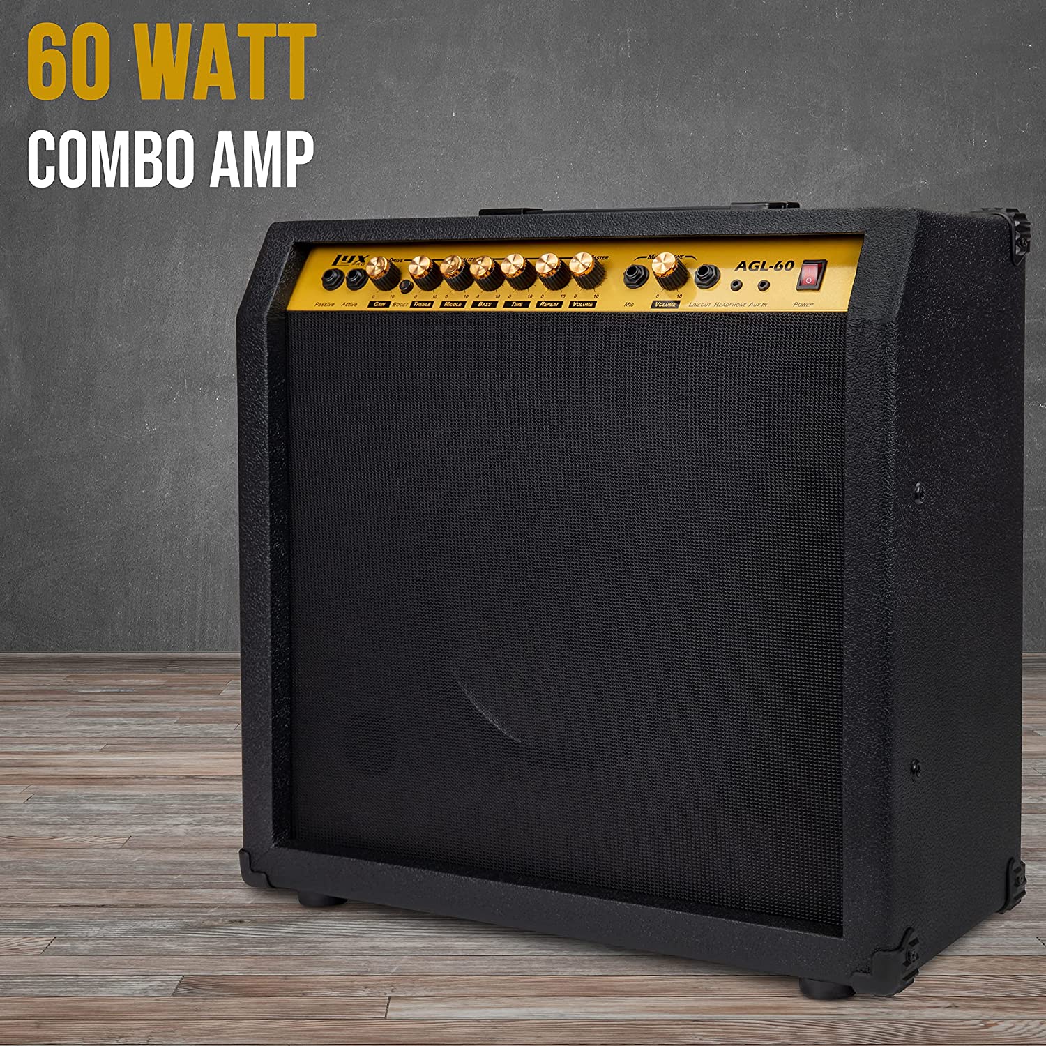 60 Watt Electric Guitar Amplifier | Combo Solid State Studio & Stage Amp with 10” 4-Ohm Speaker, Custom EQ Controls, Drive, Delay, ¼” Passive/Active/Microphone Inputs, Aux In & Headphone Jack - Image 3