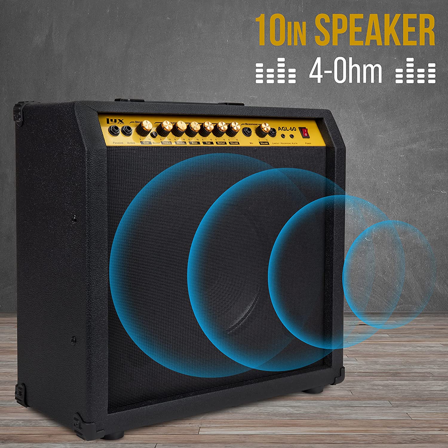60 Watt Electric Guitar Amplifier | Combo Solid State Studio & Stage Amp with 10” 4-Ohm Speaker, Custom EQ Controls, Drive, Delay, ¼” Passive/Active/Microphone Inputs, Aux In & Headphone Jack - Image 4