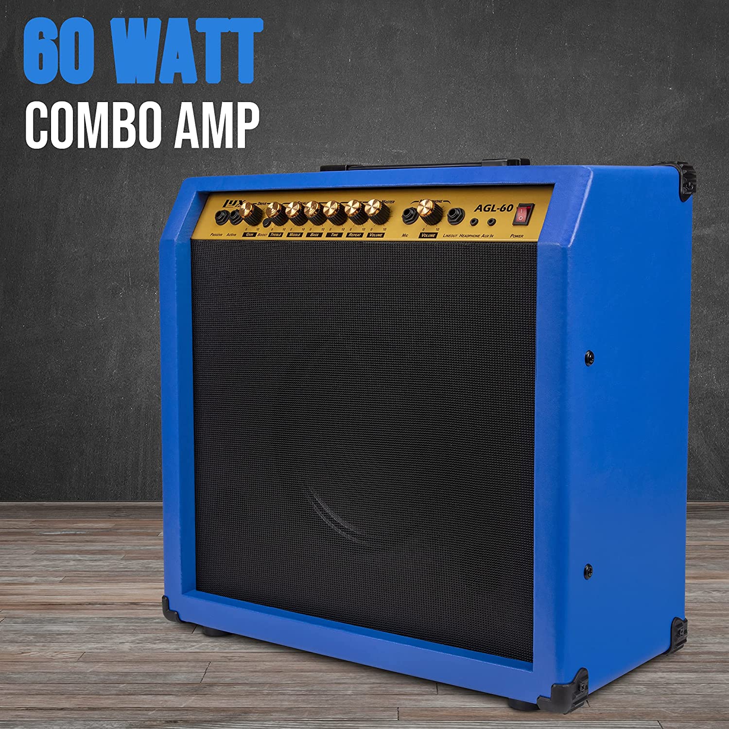 60 Watt Electric Guitar Amplifier | Combo Solid State Studio & Stage Amp with 10” 4-Ohm Speaker, Custom EQ Controls, Drive, Delay, ¼” Passive/Active/Microphone Inputs, Aux In & Headphone Jack - Image 8