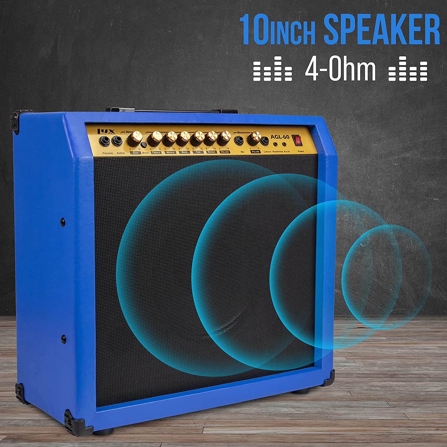 60 Watt Electric Guitar Amplifier | Combo Solid State Studio & Stage Amp with 10” 4-Ohm Speaker, Custom EQ Controls, Drive, Delay, ¼” Passive/Active/Microphone Inputs, Aux In & Headphone Jack - Image 9