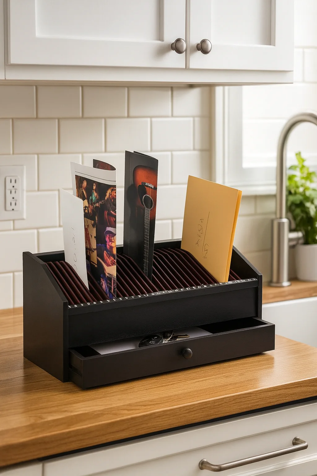 17" - 31 Slot Wooden Bill/Letter Organizer with Drawer - Image 2