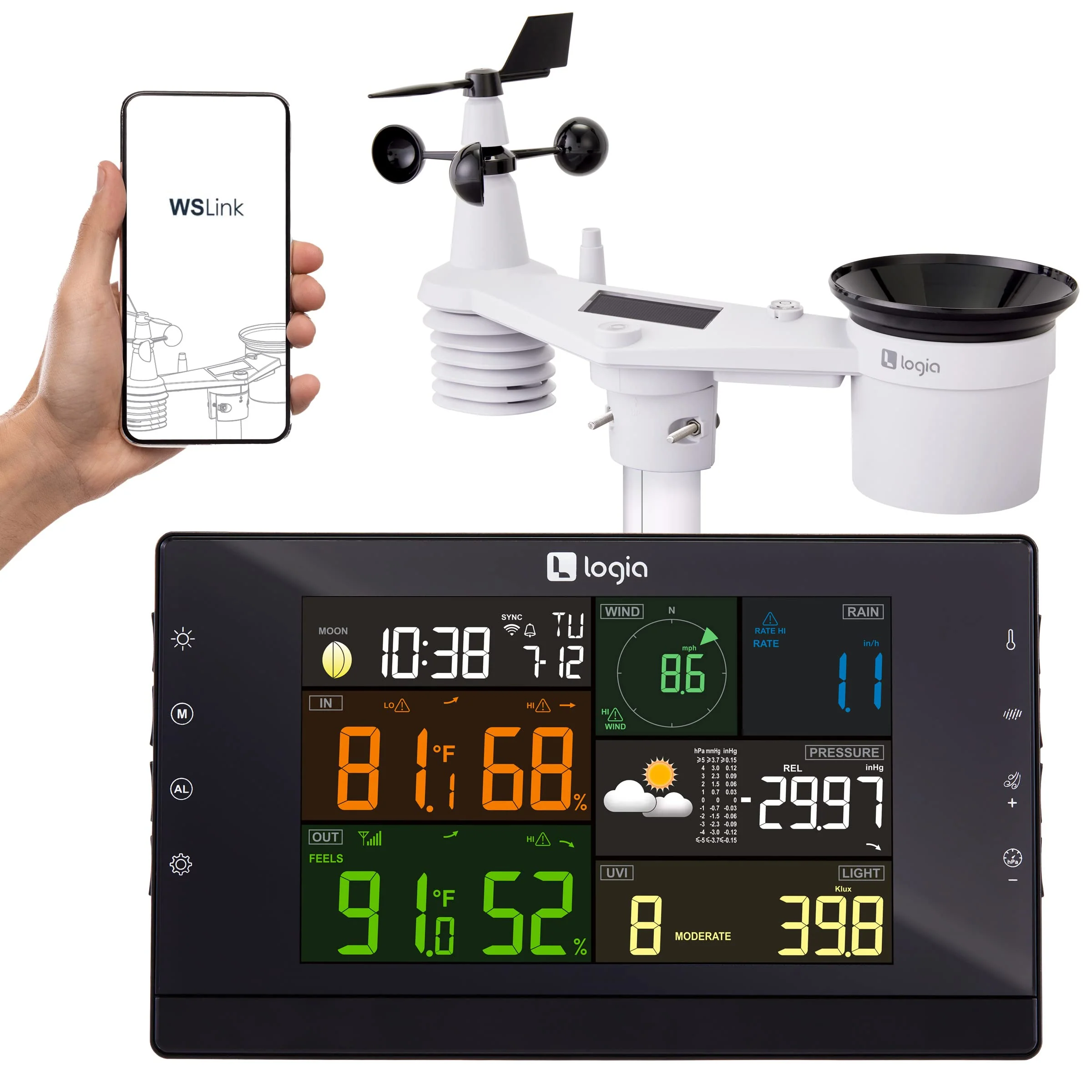 Logia 7-in-1 Wi-Fi Wireless Weather Station w/Solar, Indoor/Outdoor weather station w/Alarms & More