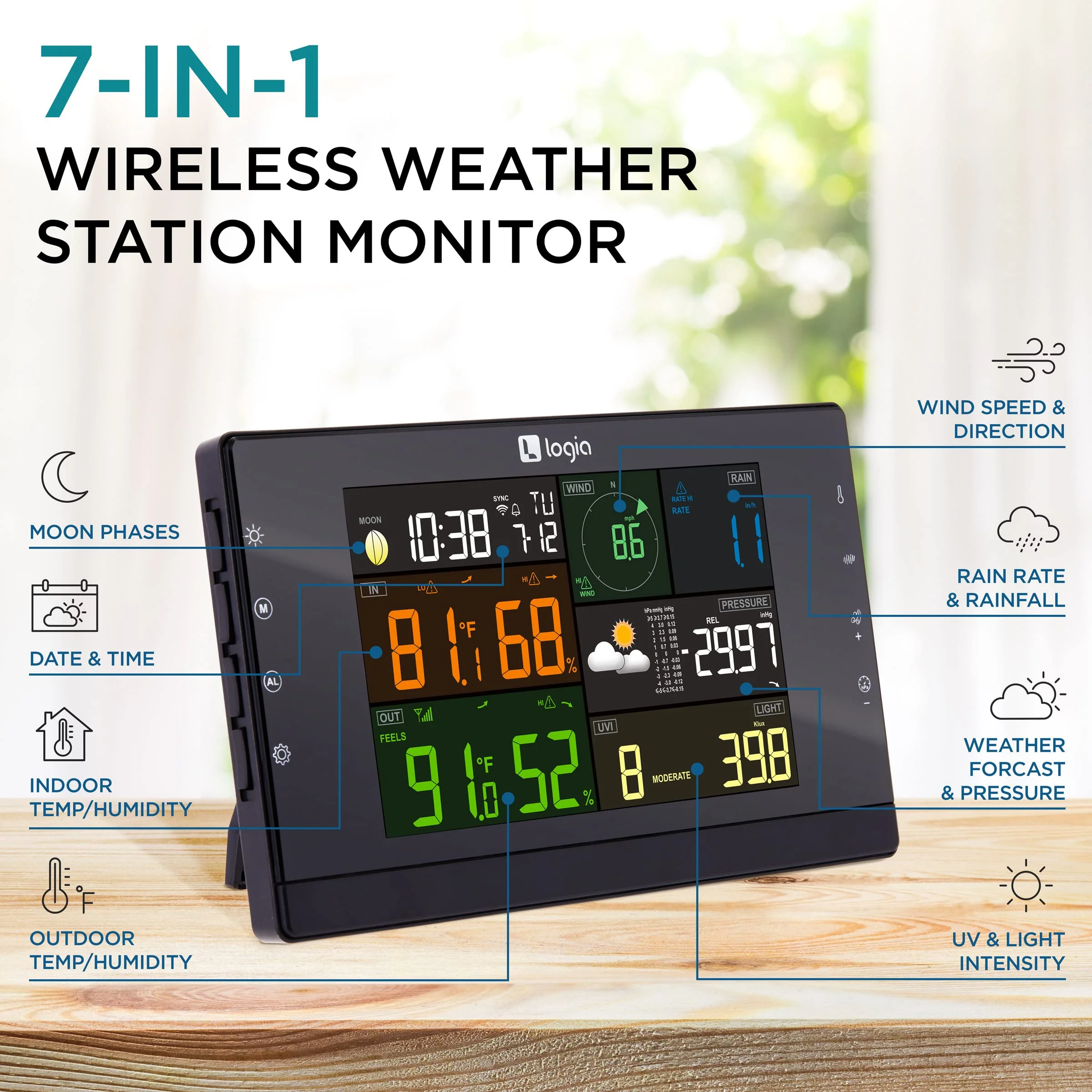 Logia 7-in-1 Wi-Fi Wireless Weather Station w/Solar, Indoor/Outdoor weather station w/Alarms & More - Image 2
