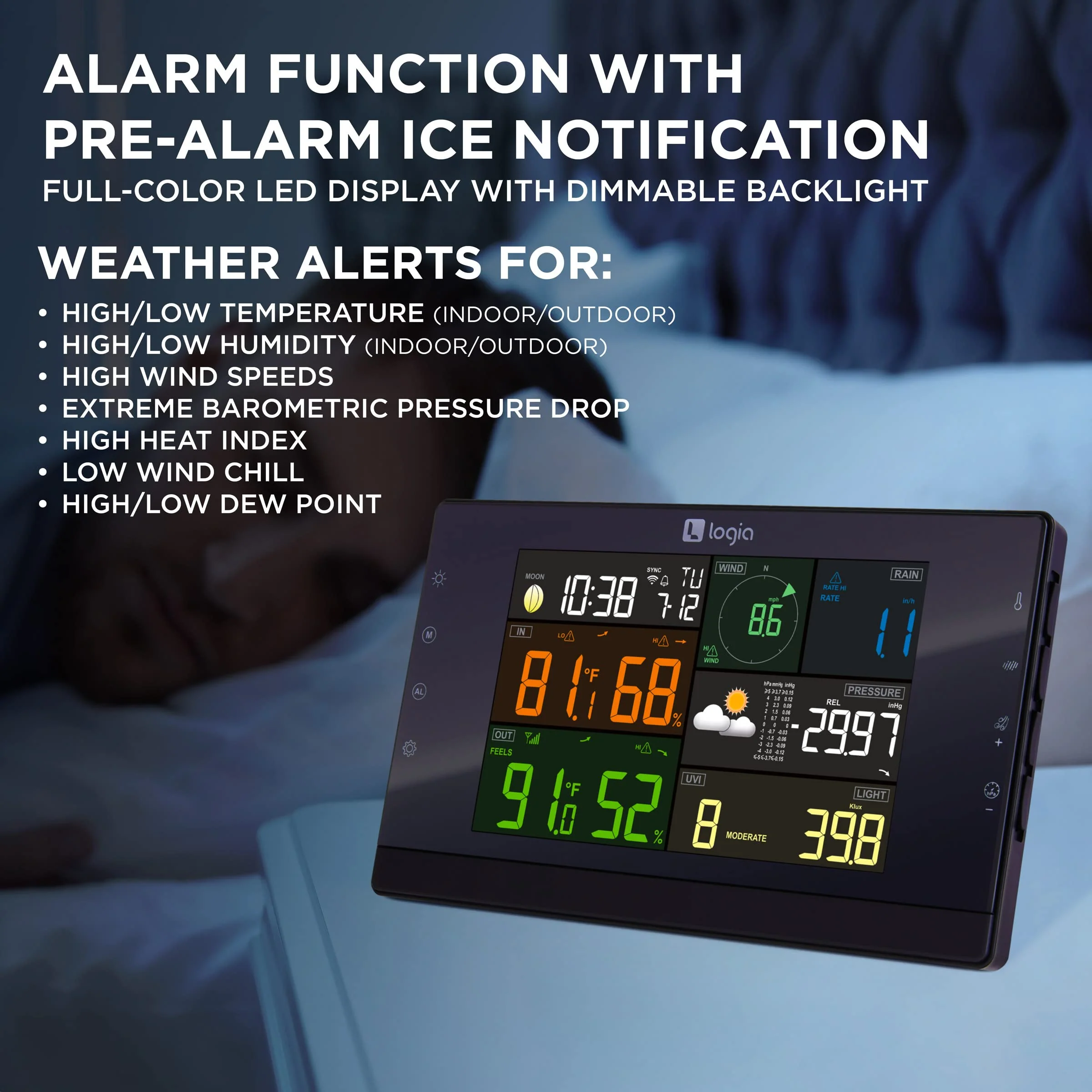 Logia 7-in-1 Wi-Fi Wireless Weather Station w/Solar, Indoor/Outdoor weather station w/Alarms & More - Image 5