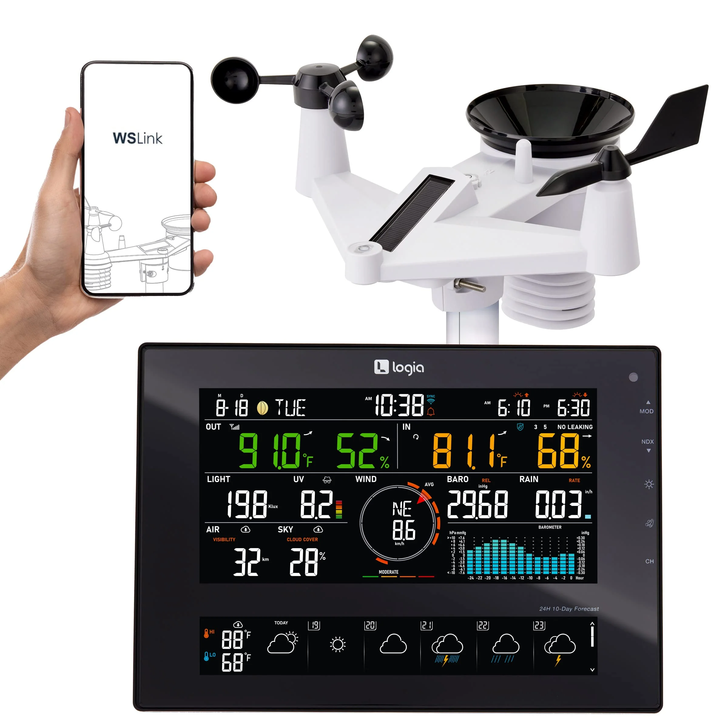 Logia 7-in-1 WiFi Wireless Weather Station with 10-Day Forecast, Solar & Large 8" LED Display
