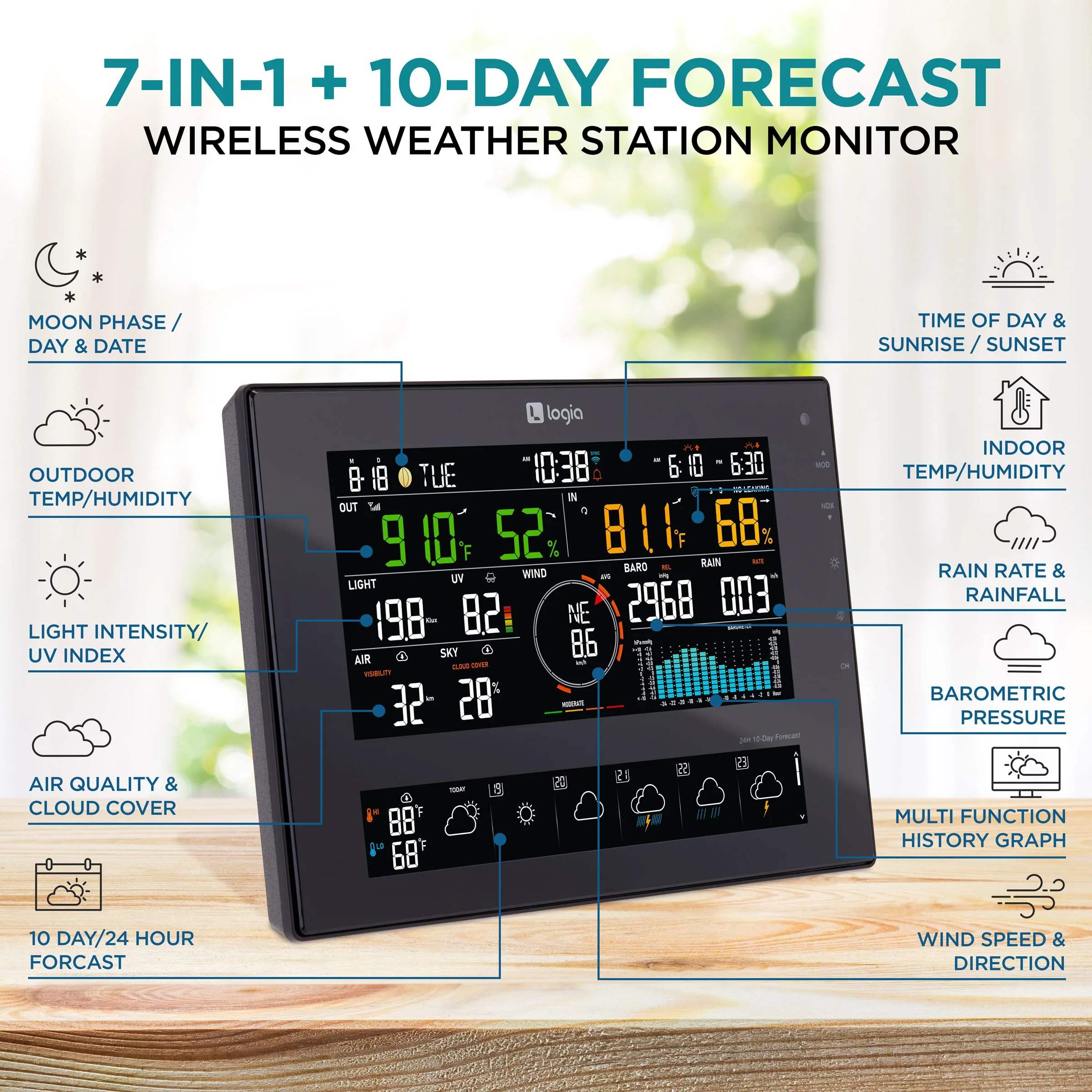 Logia 7-in-1 WiFi Wireless Weather Station with 10-Day Forecast, Solar & Large 8" LED Display - Image 2